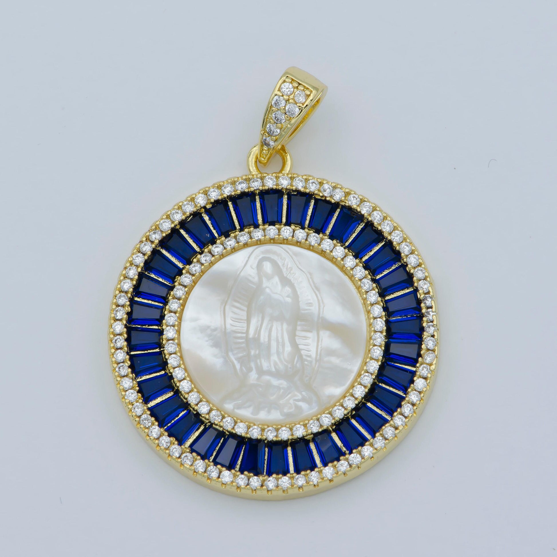 Pearl mother mary gold coin charm necklace, virgin mary medallion our lady of guadalupe cubic pink green blue religious jewelry pendant