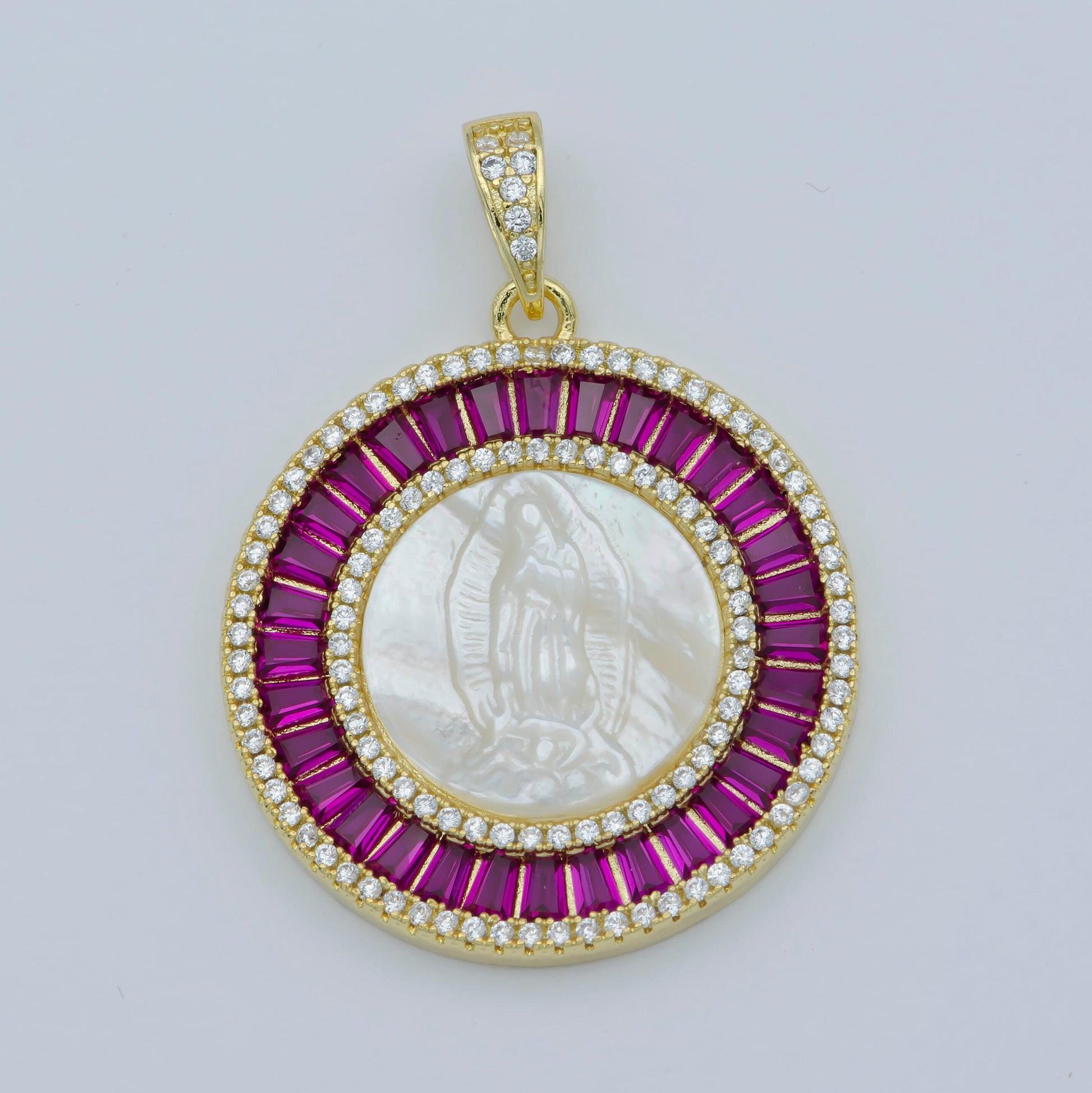 Pearl mother mary gold coin charm necklace, virgin mary medallion our lady of guadalupe cubic pink green blue religious jewelry pendant