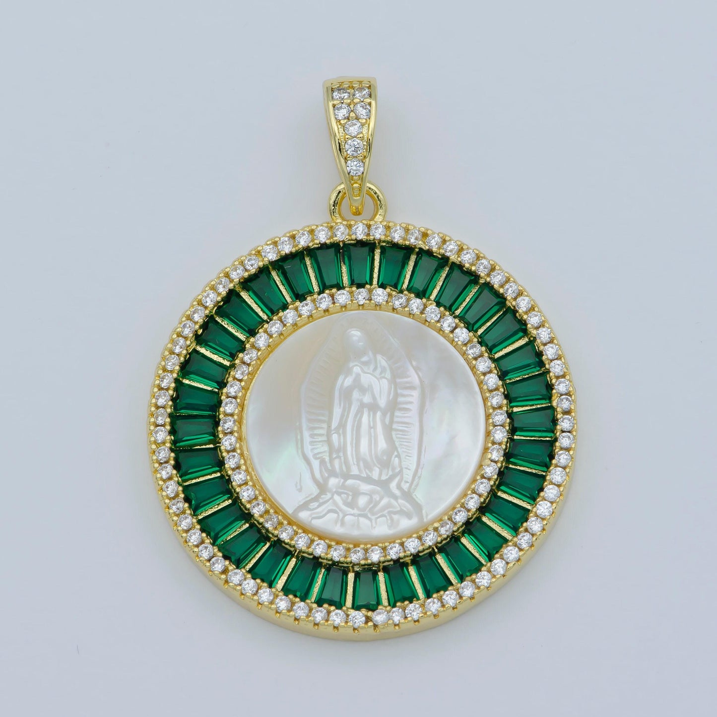 Pearl mother mary gold coin charm necklace, virgin mary medallion our lady of guadalupe cubic pink green blue religious jewelry pendant
