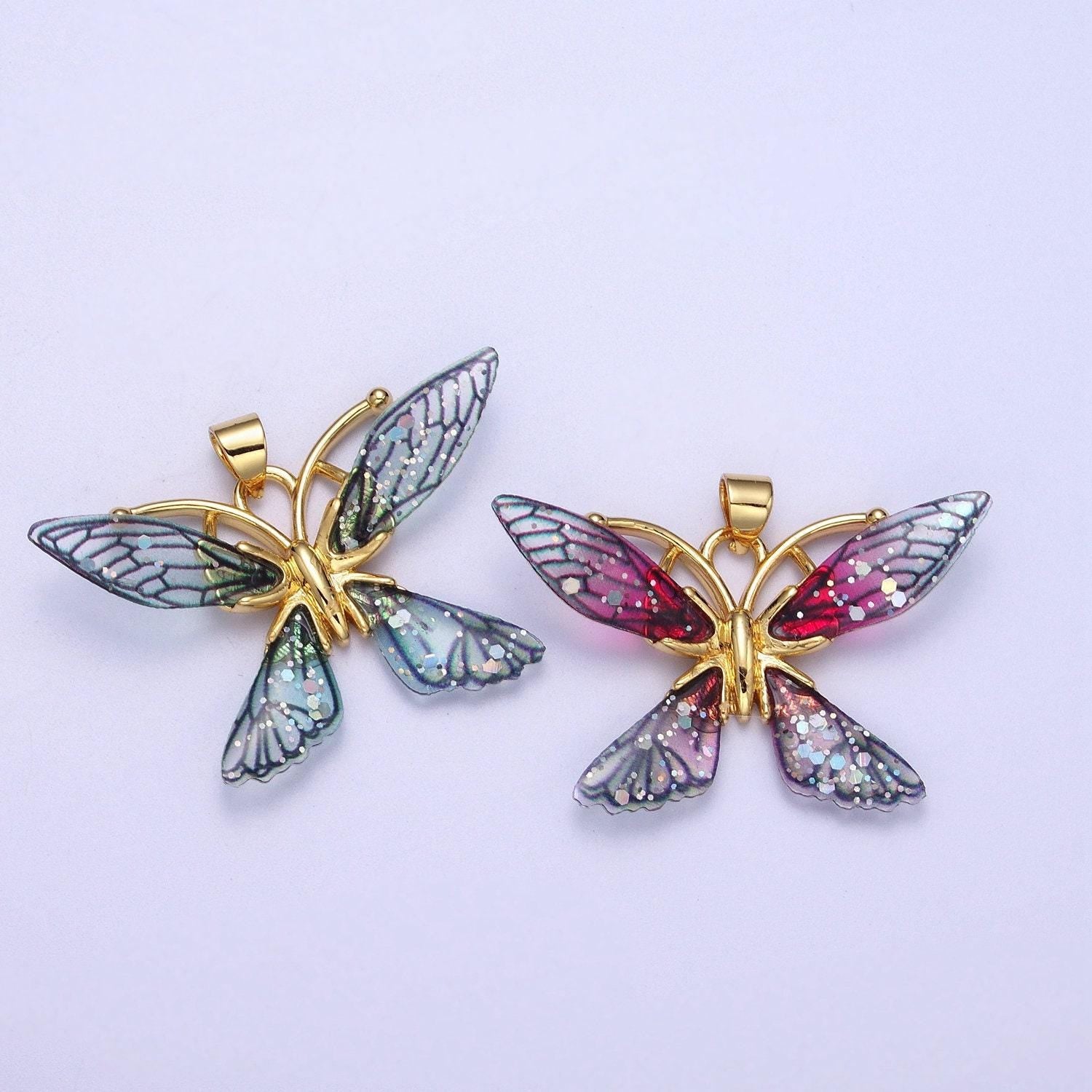 Gold cz blue & fuchsia butterfly pendant, 24k gold filled micro paved cz resin beautiful sparkly fairy charm | i089 i092