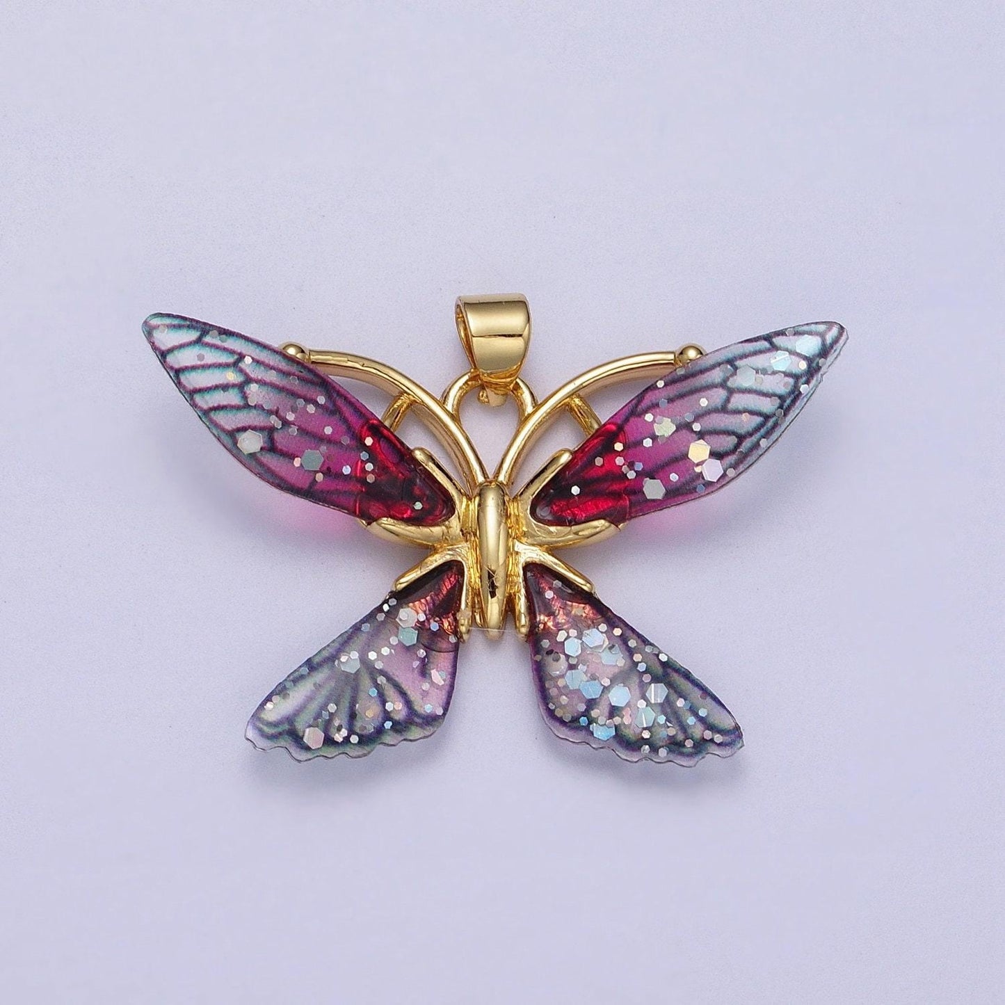 Gold cz blue & fuchsia butterfly pendant, 24k gold filled micro paved cz resin beautiful sparkly fairy charm | i089 i092