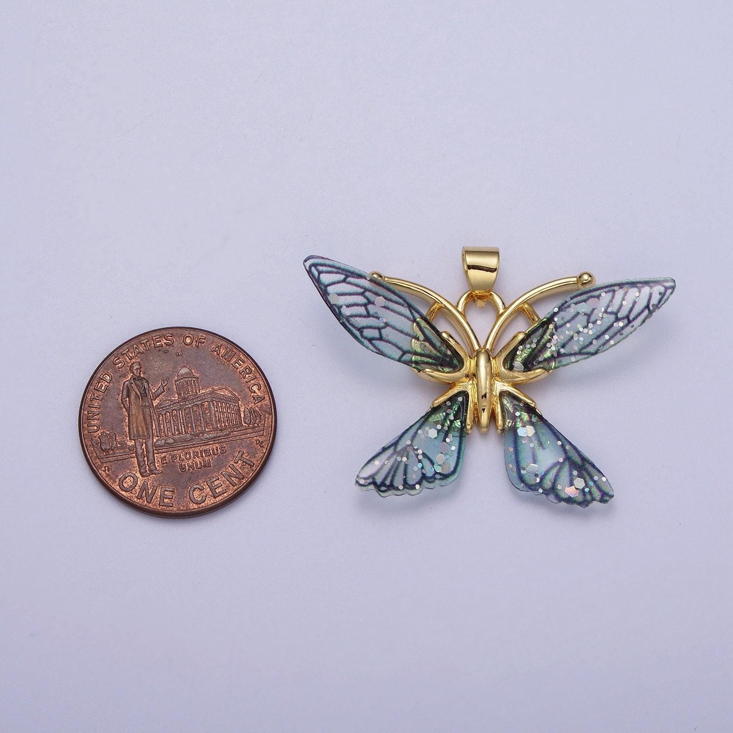 Gold cz blue & fuchsia butterfly pendant, 24k gold filled micro paved cz resin beautiful sparkly fairy charm | i089 i092