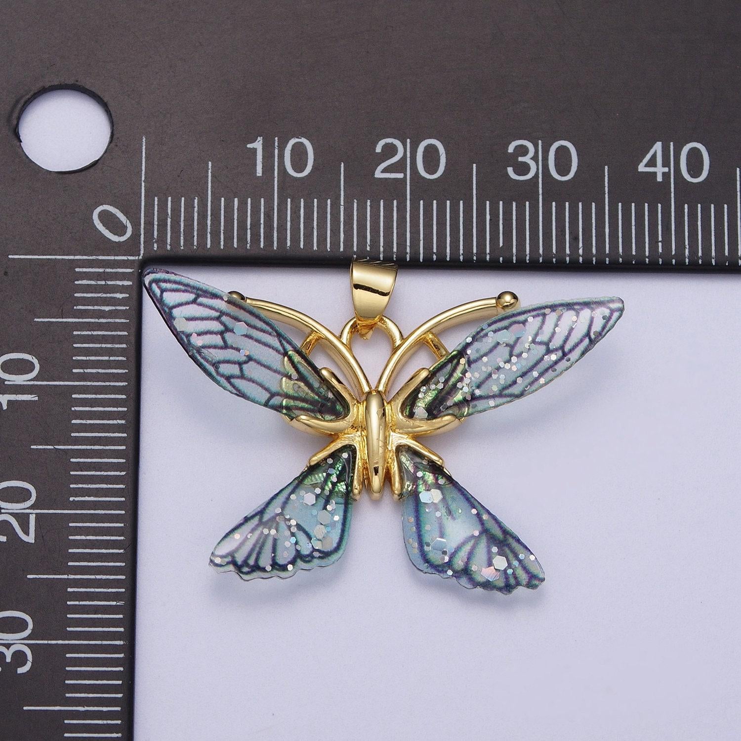 Gold cz blue & fuchsia butterfly pendant, 24k gold filled micro paved cz resin beautiful sparkly fairy charm | i089 i092
