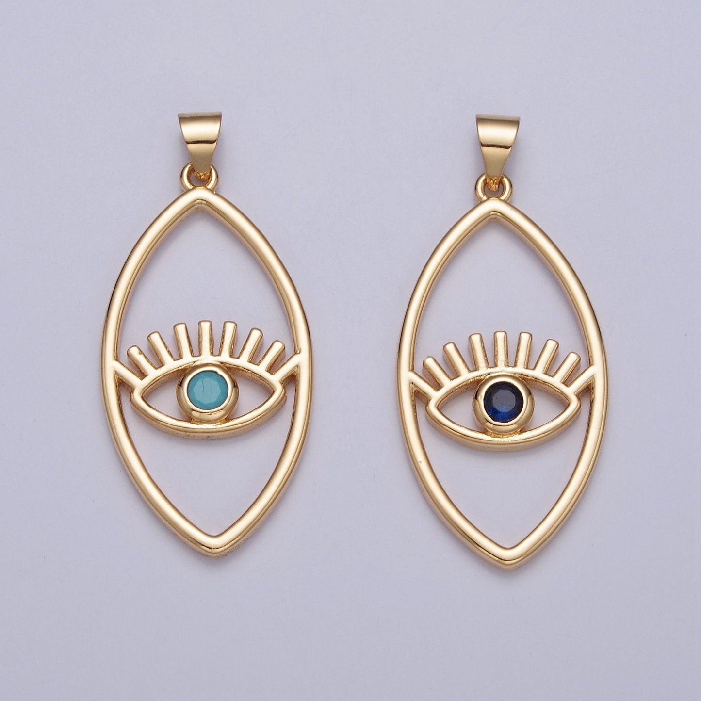 24k gold micro cubic zirconia evil eye charm in oblate spheroid, gold plated pendant diy small amulet piece | i-081, h-836