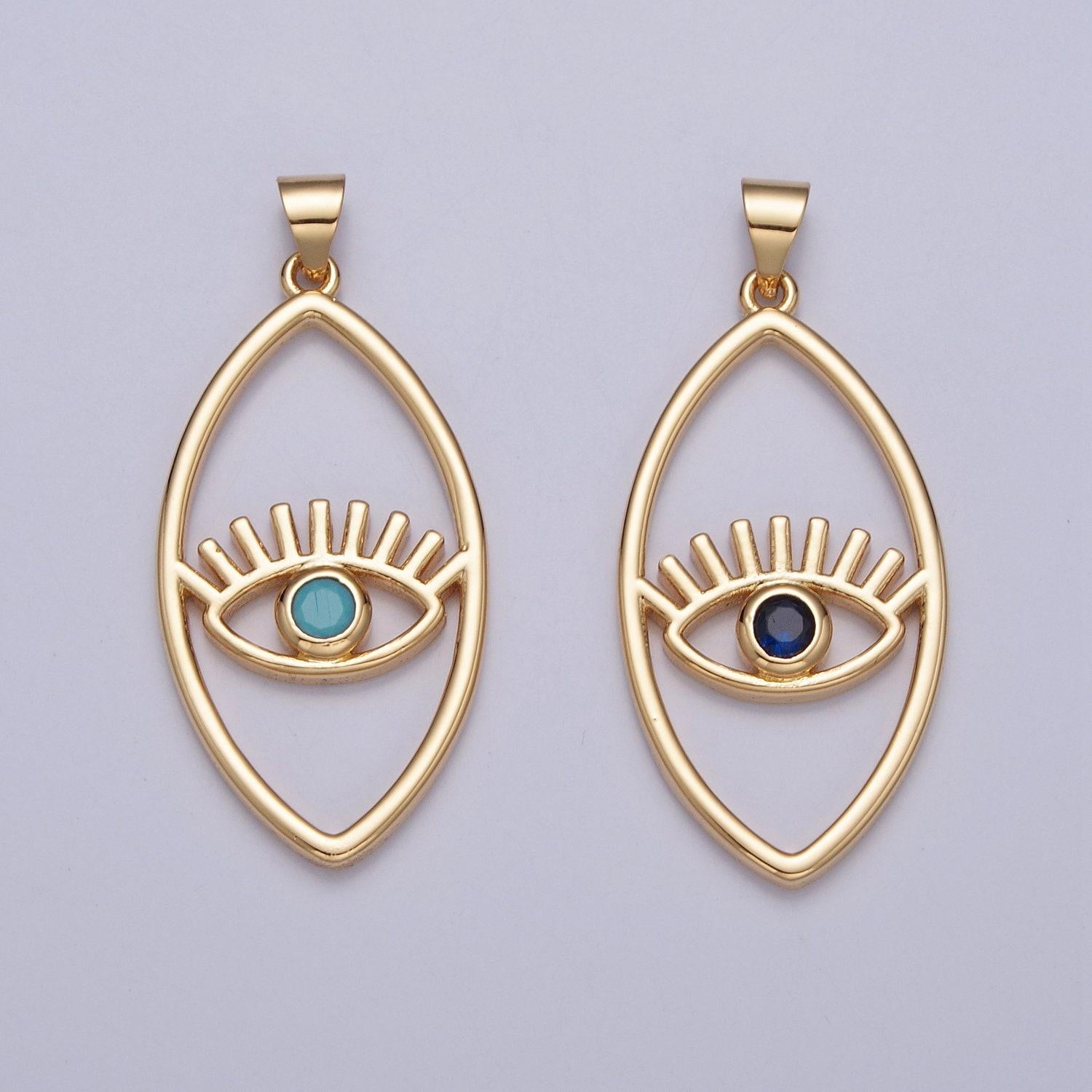 24k gold micro cubic zirconia evil eye charm in oblate spheroid, gold plated pendant diy small amulet piece | i-081, h-836