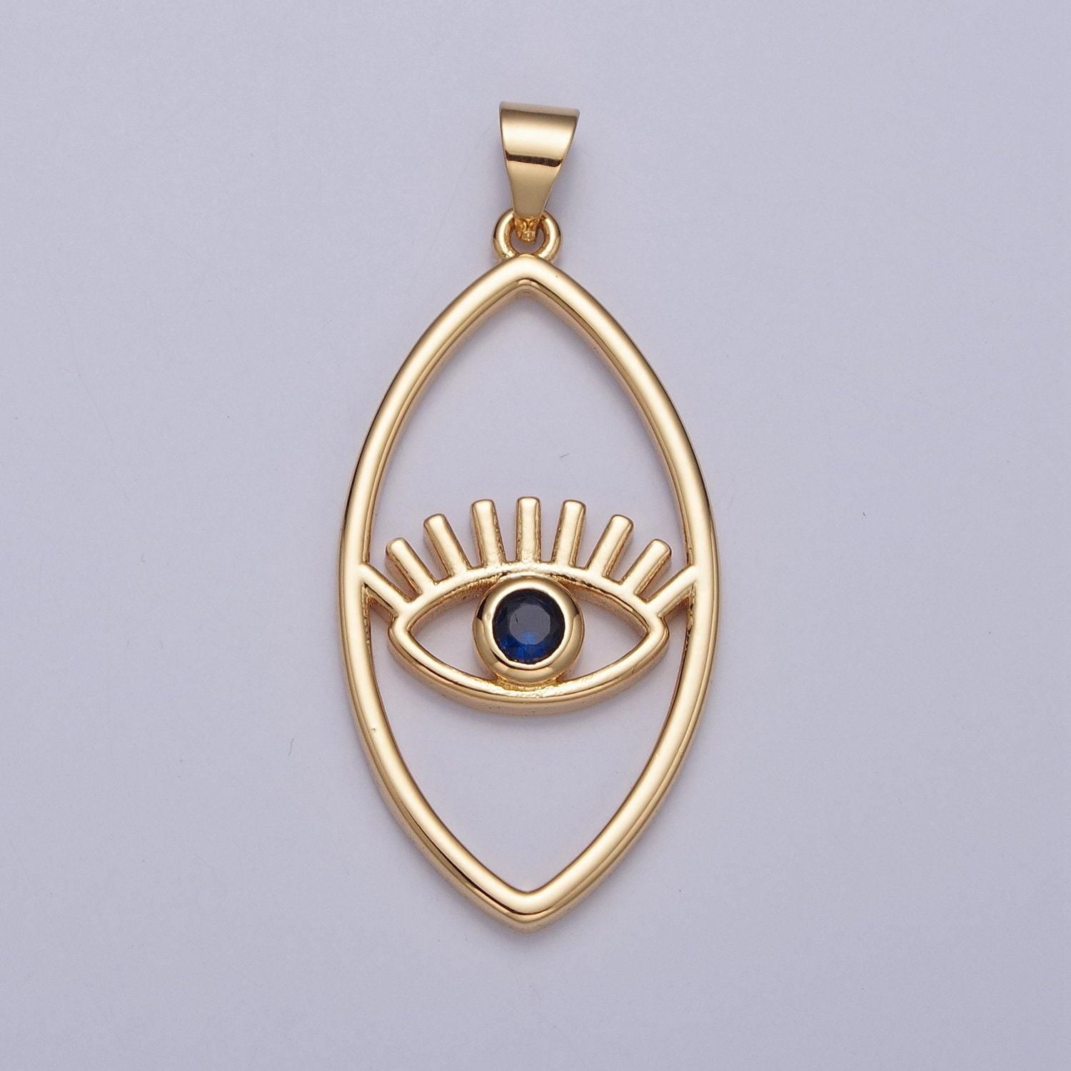 24k gold micro cubic zirconia evil eye charm in oblate spheroid, gold plated pendant diy small amulet piece | i-081, h-836