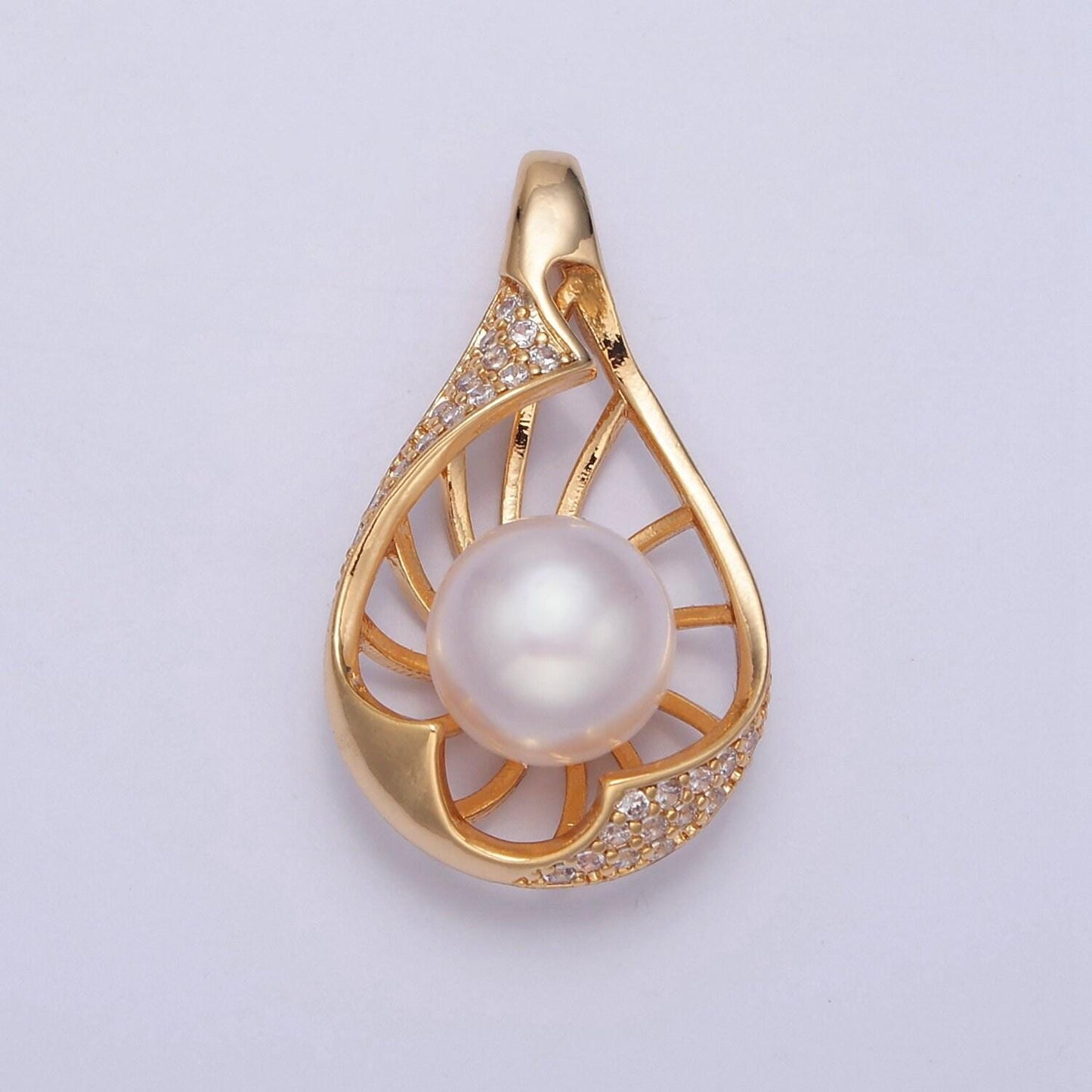 Tear drop pave genuine shell pearl pendant minimalist bridal wedding jewelry i-041