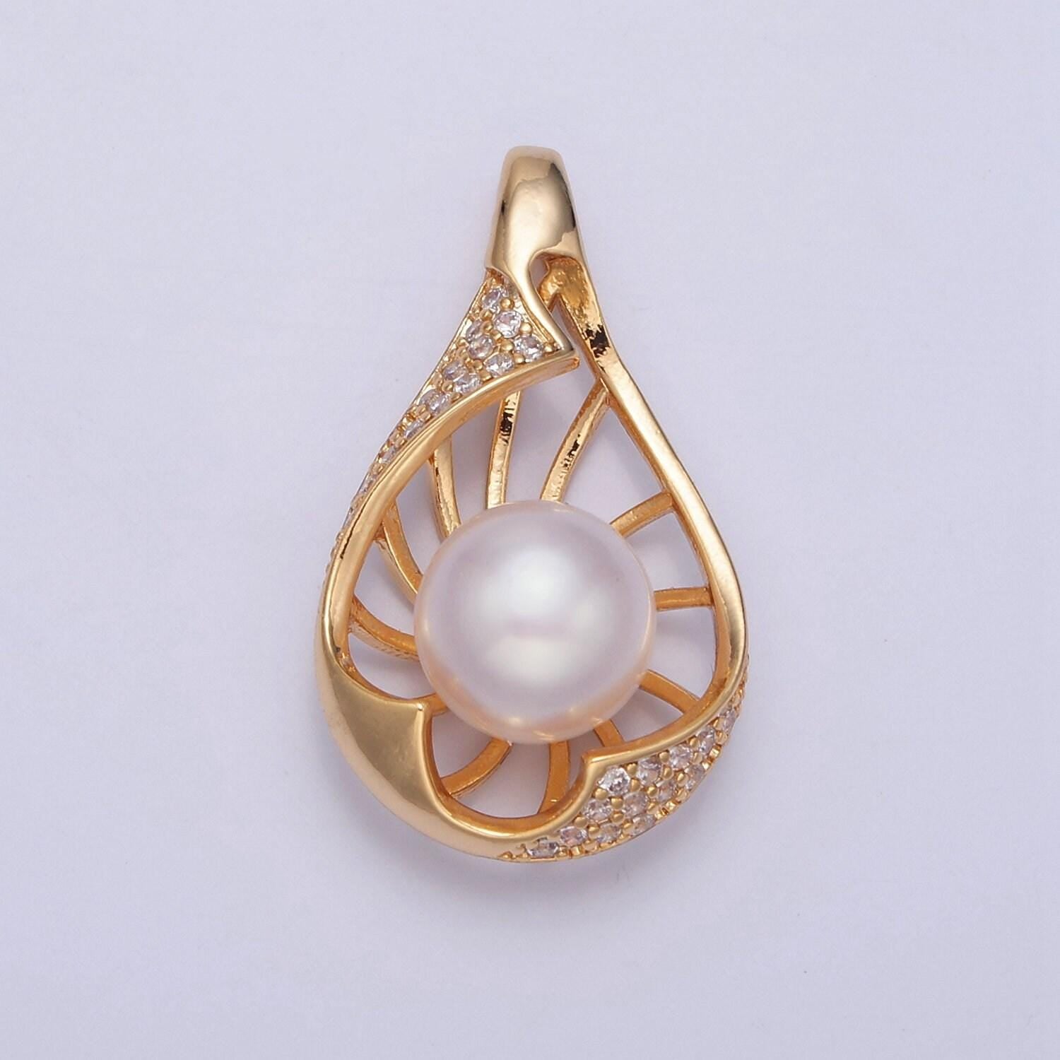 Tear drop pave genuine shell pearl pendant minimalist bridal wedding jewelry i-041