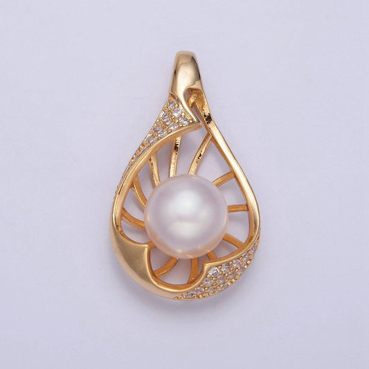 Tear drop pave genuine shell pearl pendant minimalist bridal wedding jewelry i-041
