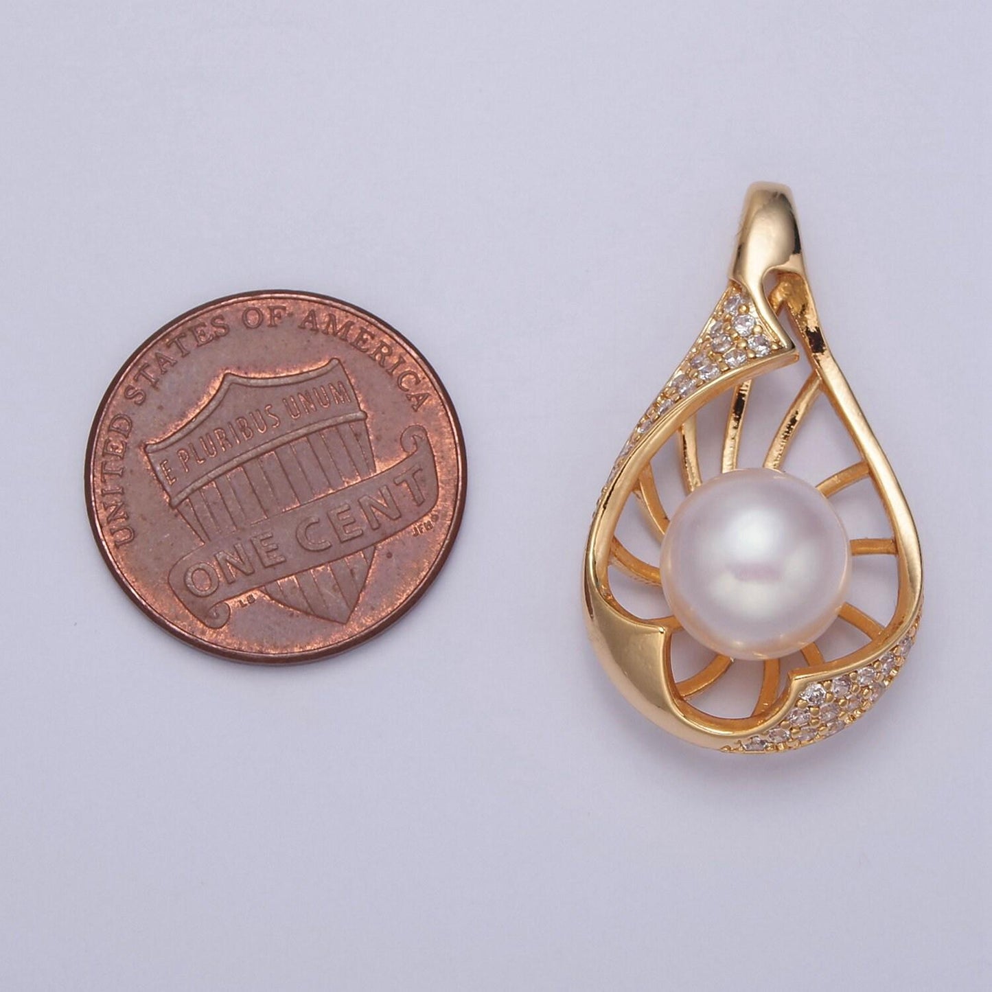 Tear drop pave genuine shell pearl pendant minimalist bridal wedding jewelry i-041