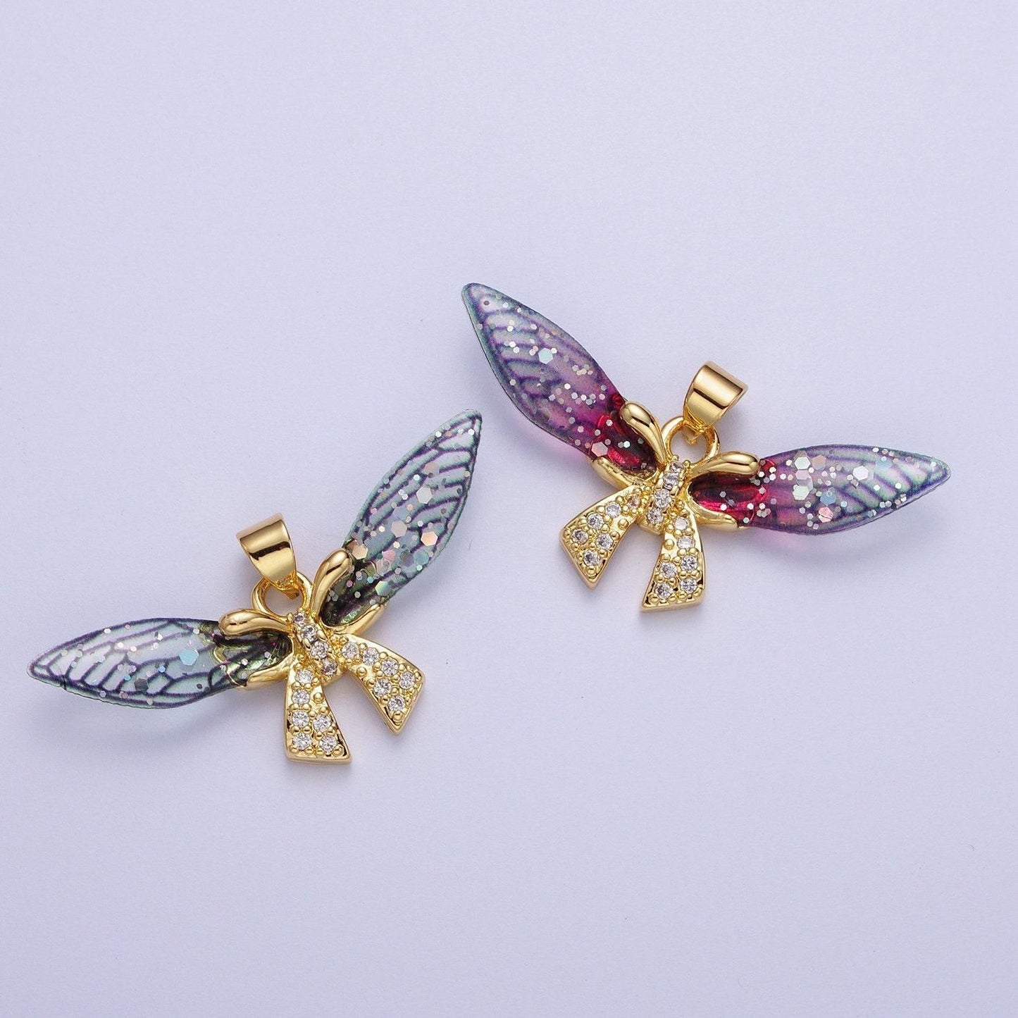 Gold cz blue & fuchsia fairy ribbon pendant, 24k gold plated micro paved marquise cz resin beautiful sparkly fairy bow charm | h-925, h-928