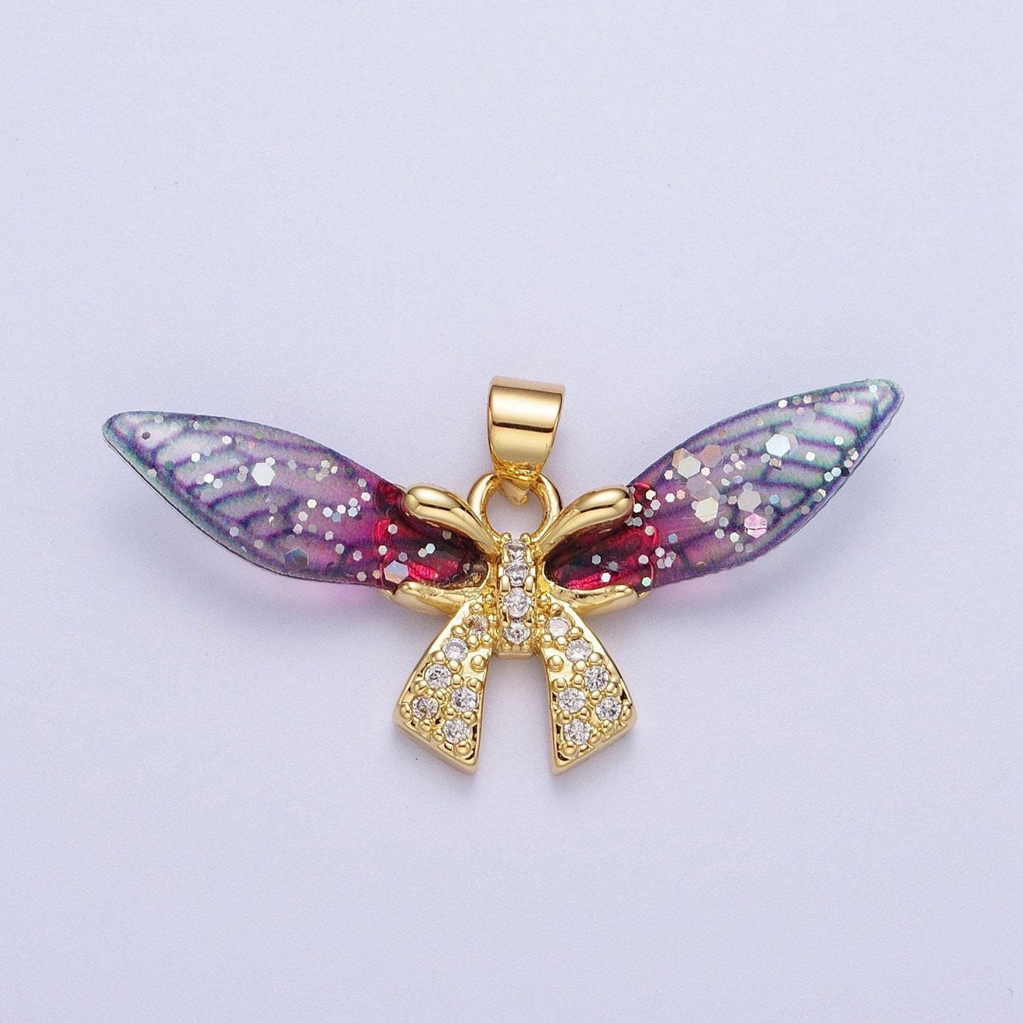 Gold cz blue & fuchsia fairy ribbon pendant, 24k gold plated micro paved marquise cz resin beautiful sparkly fairy bow charm | h-925, h-928