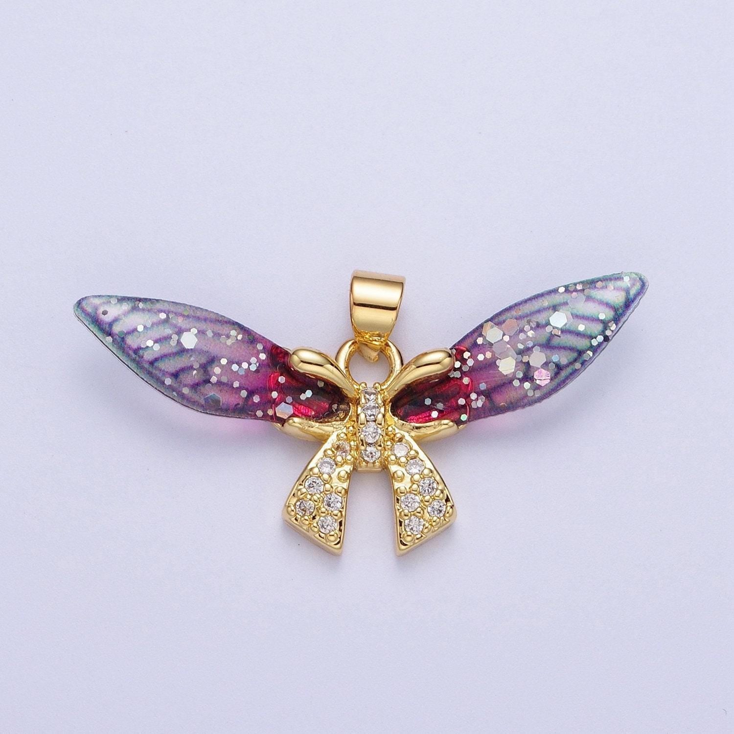 Gold cz blue & fuchsia fairy ribbon pendant, 24k gold plated micro paved marquise cz resin beautiful sparkly fairy bow charm | h-925, h-928