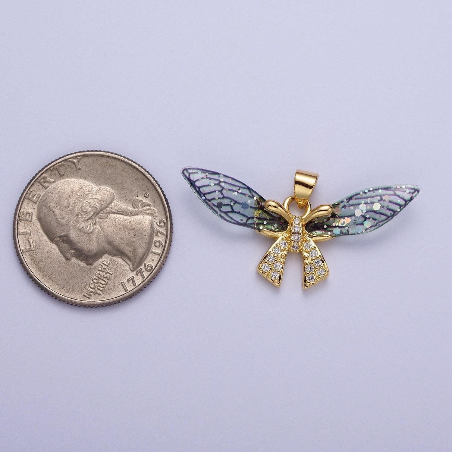 Gold cz blue & fuchsia fairy ribbon pendant, 24k gold plated micro paved marquise cz resin beautiful sparkly fairy bow charm | h-925, h-928