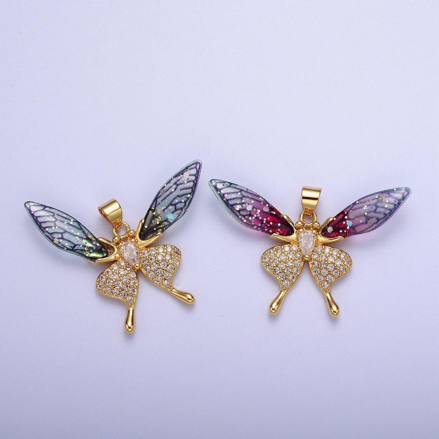 Gold cz blue & fuchsia fairy pendant, 24k gold plated micro paved marquise cut cz resin beautiful sparkly fairy charm | h-884, h-909