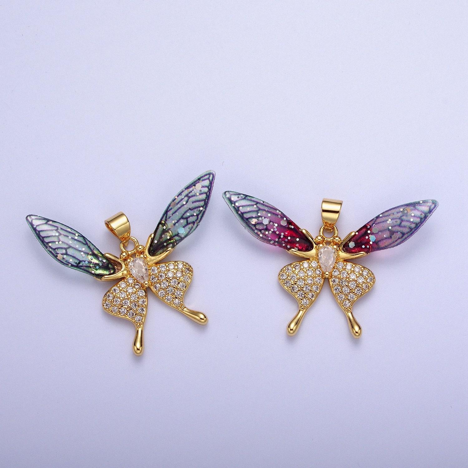 Gold cz blue & fuchsia fairy pendant, 24k gold plated micro paved marquise cut cz resin beautiful sparkly fairy charm | h-884, h-909
