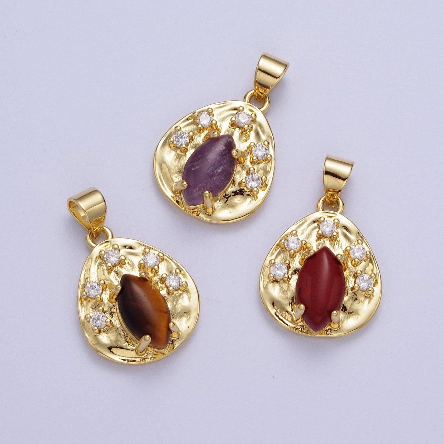 Gold cz natural marquise cut gemstone abstract hammered pendant, 14k gold plated clear cz w. red jasper, amethyst, tiger eye oval coin charm