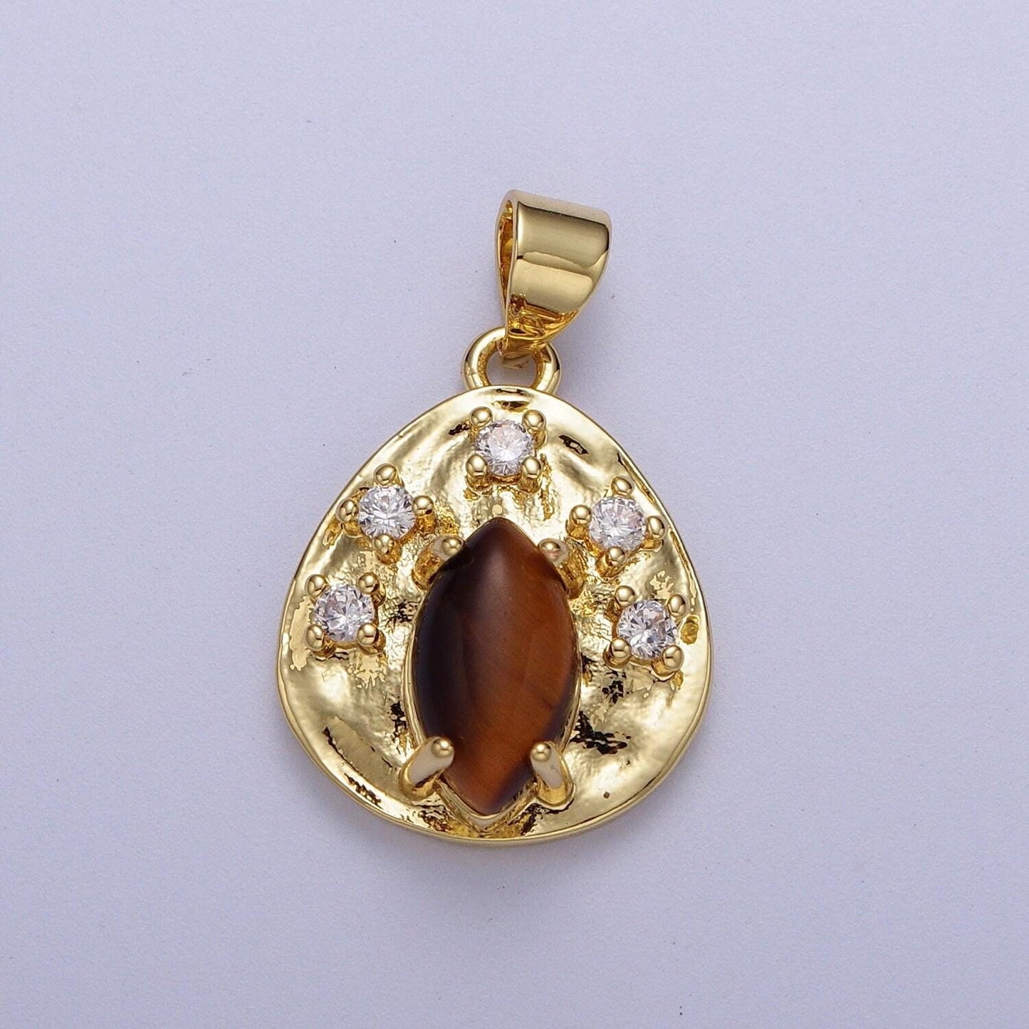 Gold cz natural marquise cut gemstone abstract hammered pendant, 14k gold plated clear cz w. red jasper, amethyst, tiger eye oval coin charm