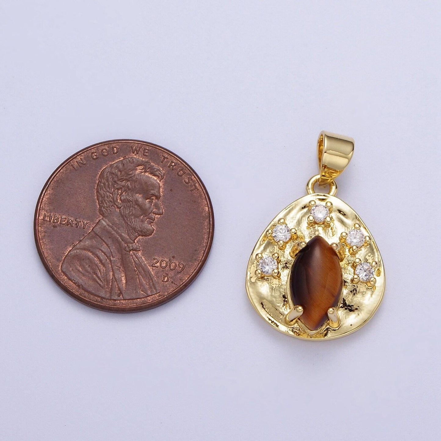 Gold cz natural marquise cut gemstone abstract hammered pendant, 14k gold plated clear cz w. red jasper, amethyst, tiger eye oval coin charm
