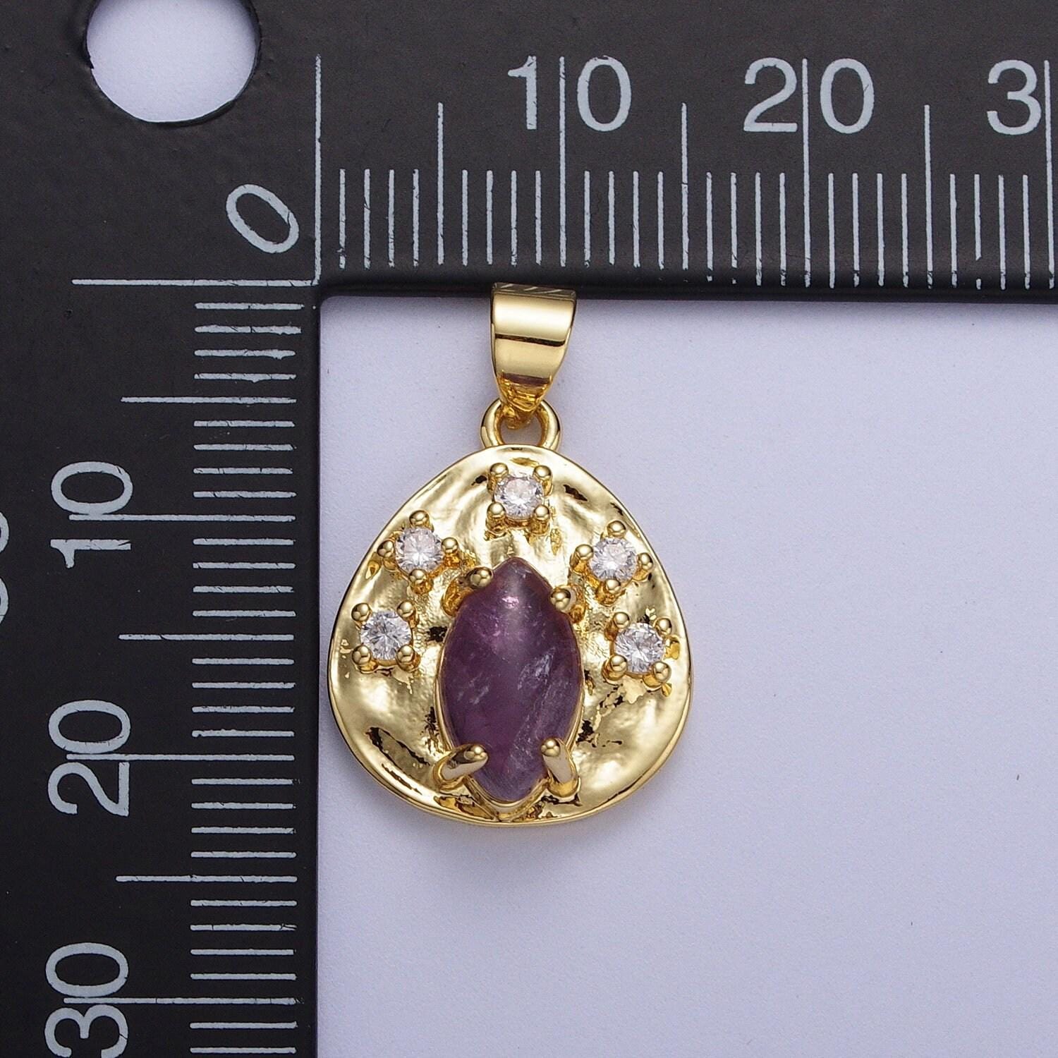 Gold cz natural marquise cut gemstone abstract hammered pendant, 14k gold plated clear cz w. red jasper, amethyst, tiger eye oval coin charm
