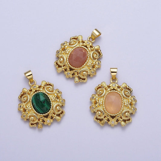 Gold natural oval gemstone floral geometric designed pendant, 14k gold plated clear cz w. red aventurine, peach moonstone, malachite charms