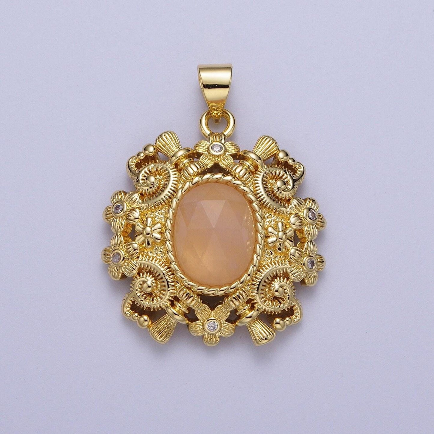 Gold natural oval gemstone floral geometric designed pendant, 14k gold plated clear cz w. red aventurine, peach moonstone, malachite charms