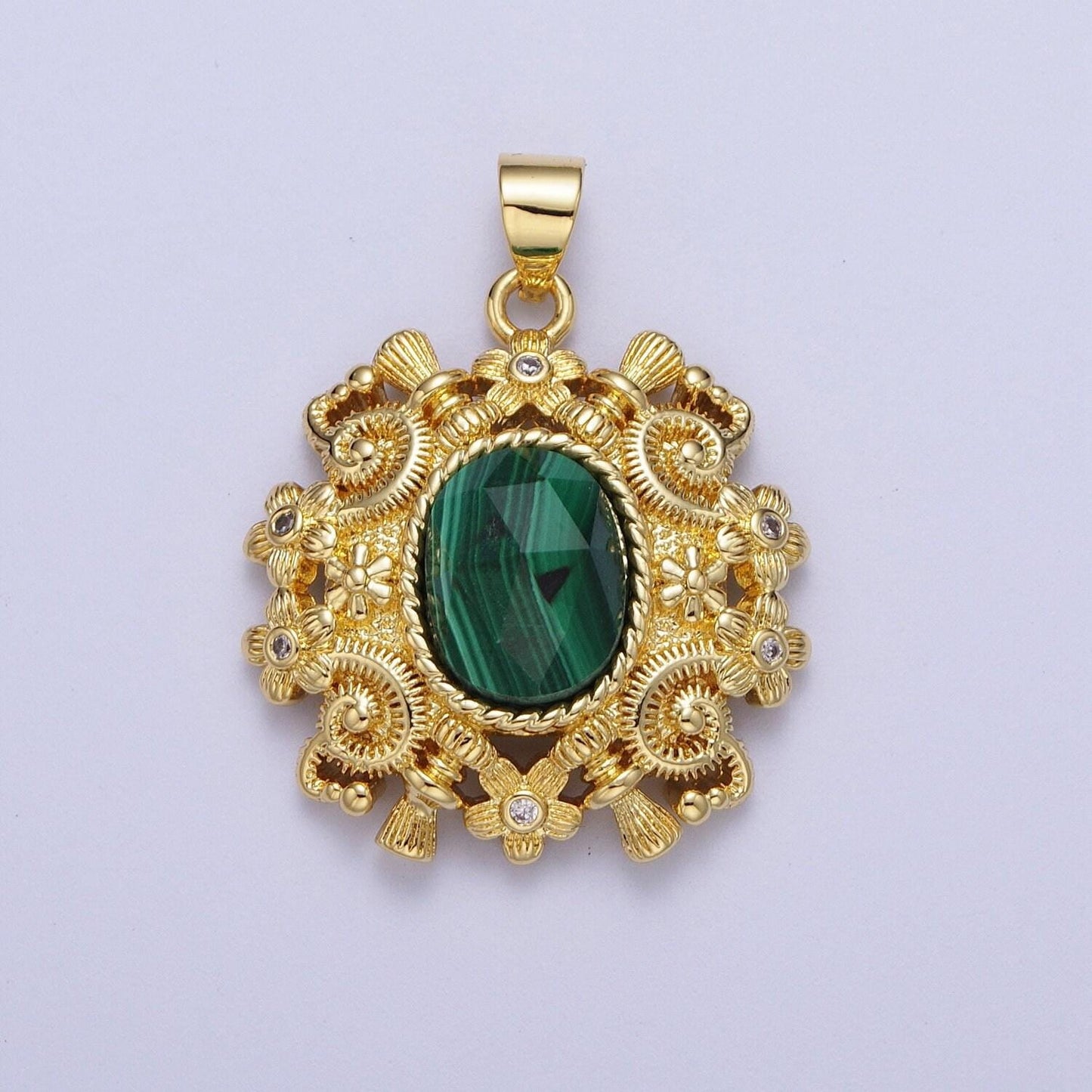 Gold natural oval gemstone floral geometric designed pendant, 14k gold plated clear cz w. red aventurine, peach moonstone, malachite charms
