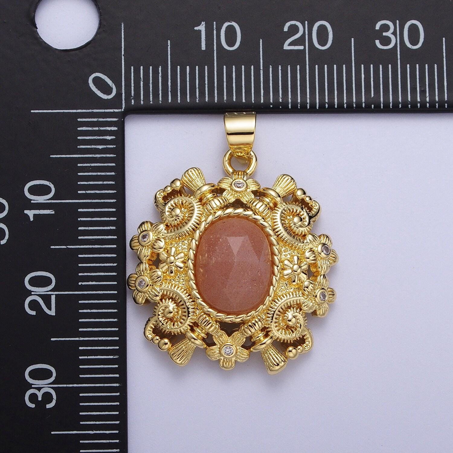 Gold natural oval gemstone floral geometric designed pendant, 14k gold plated clear cz w. red aventurine, peach moonstone, malachite charms