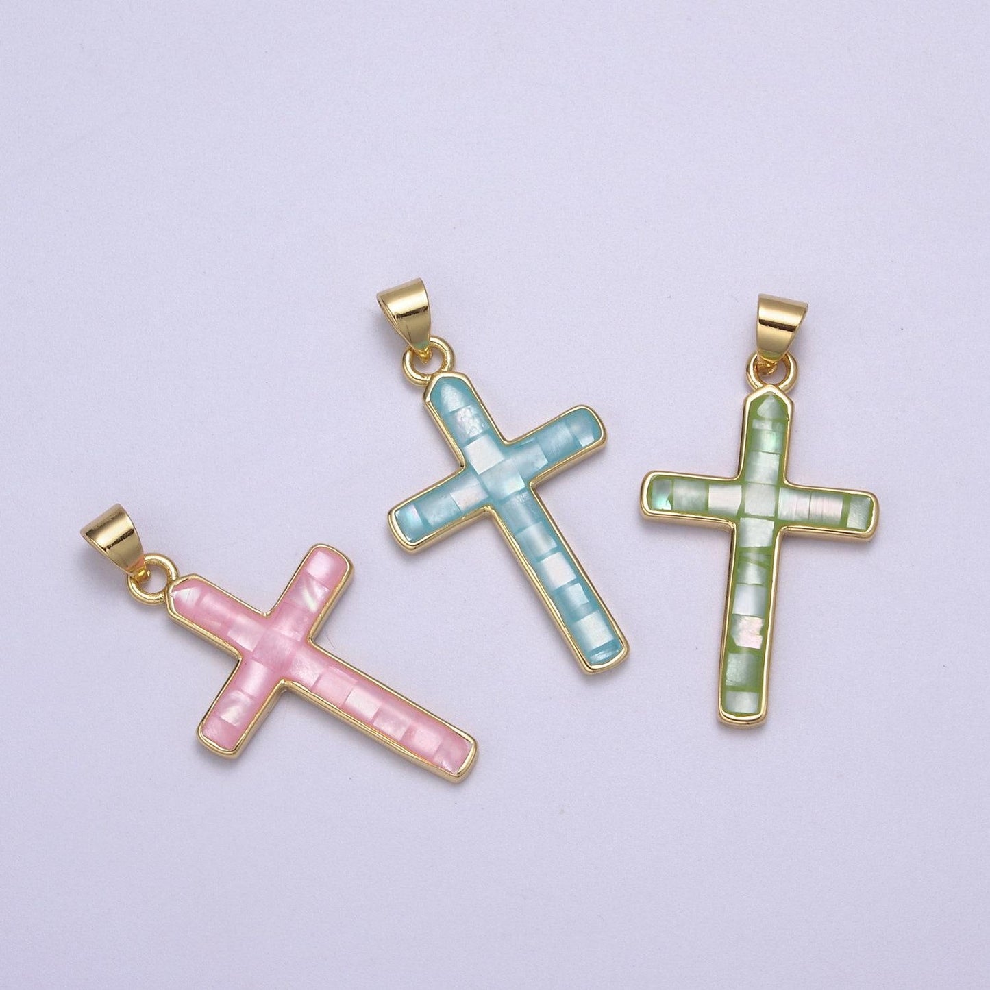 Dainty pink, green, blue opal religious cross pendant for christian catholic baptism, religious jewelry making supply in 24k gold filled