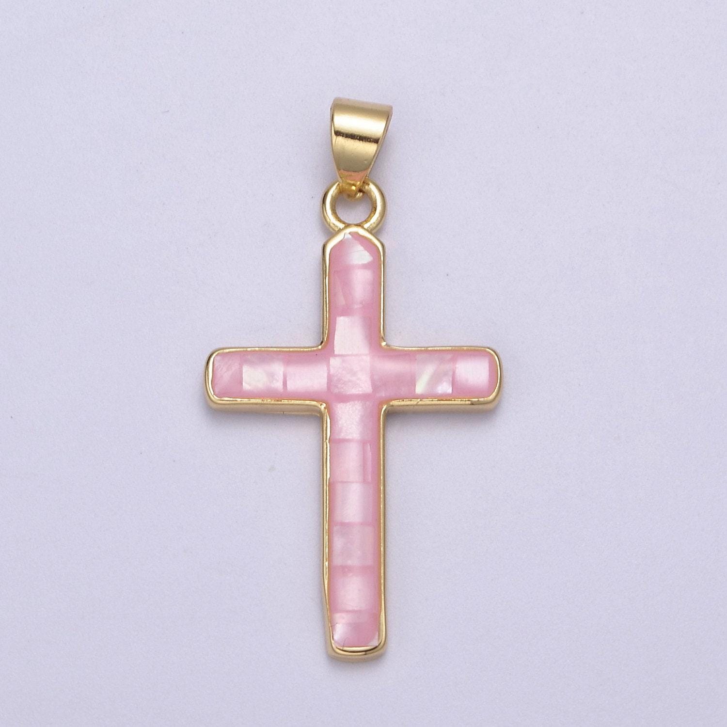 Dainty pink, green, blue opal religious cross pendant for christian catholic baptism, religious jewelry making supply in 24k gold filled