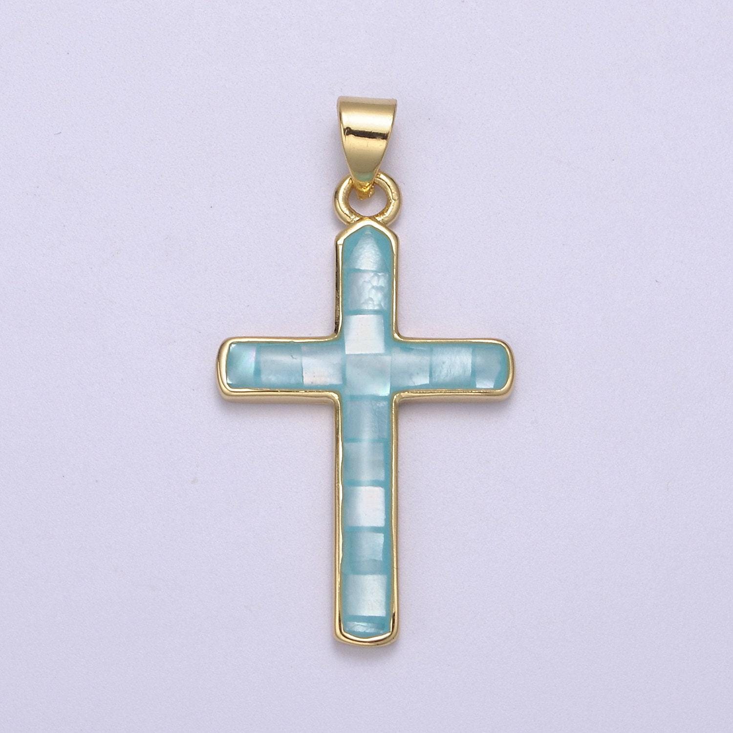 Dainty pink, green, blue opal religious cross pendant for christian catholic baptism, religious jewelry making supply in 24k gold filled