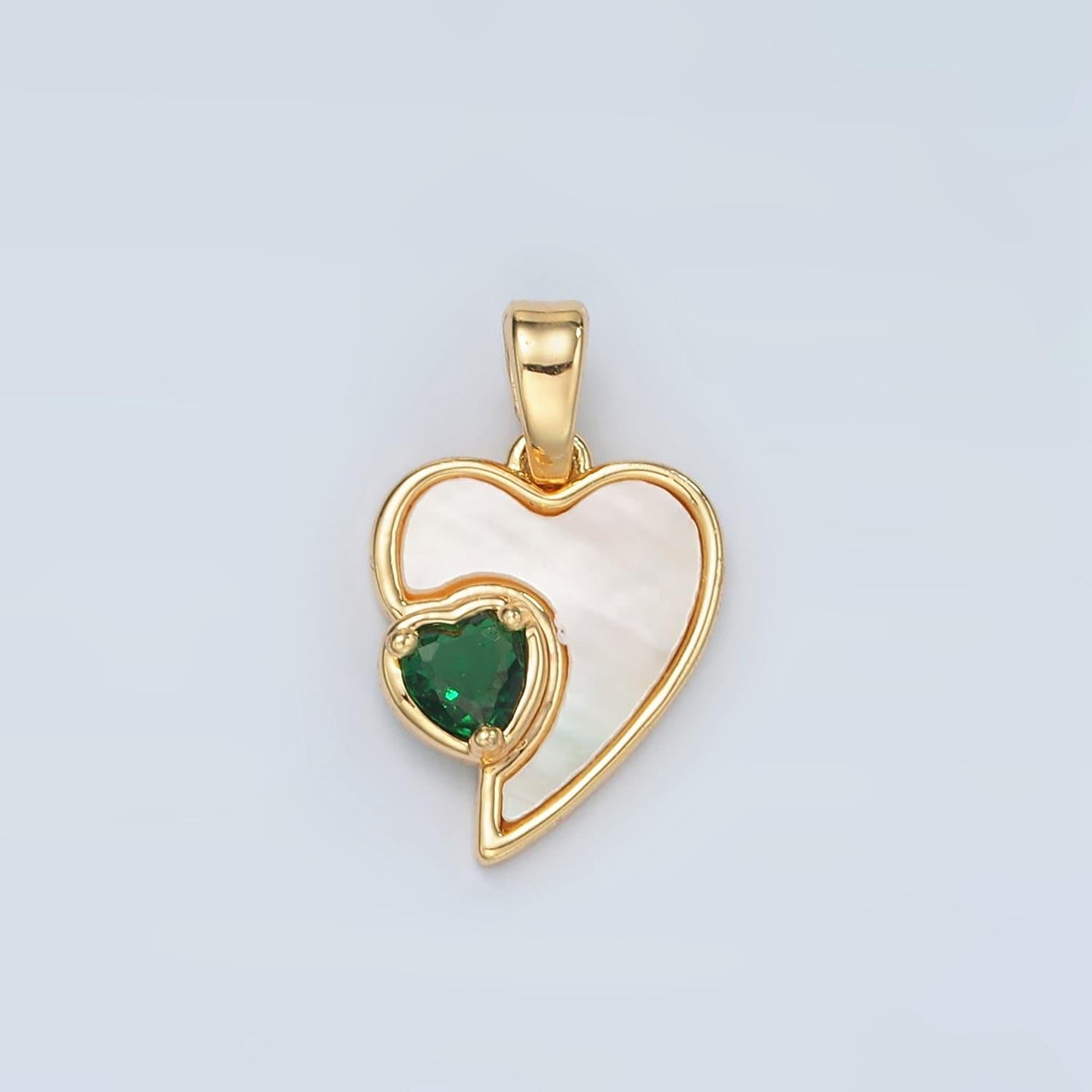 24k gold filled shell pearl charm heart charms pendant with green cz stone for bracelet necklace earring charm h739