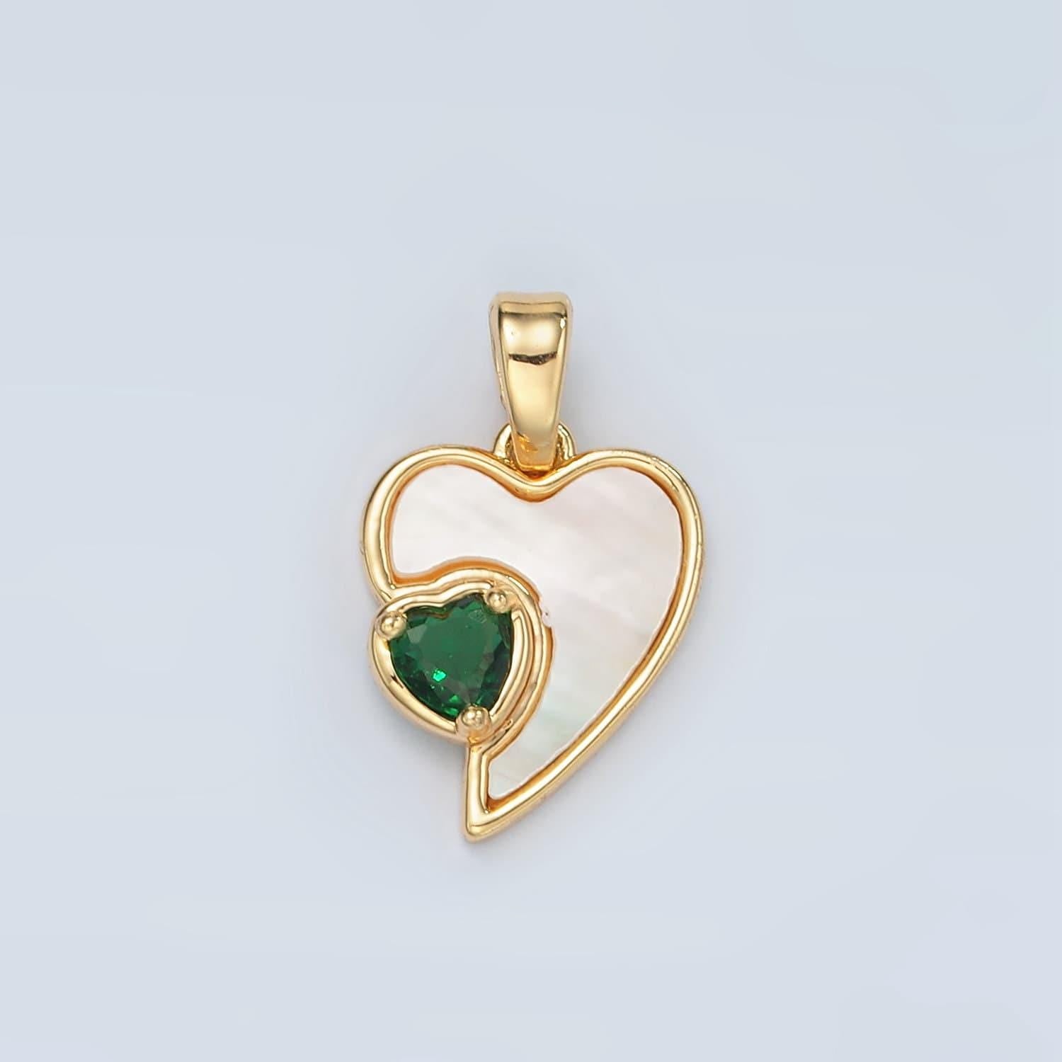 24k gold filled shell pearl charm heart charms pendant with green cz stone for bracelet necklace earring charm h739