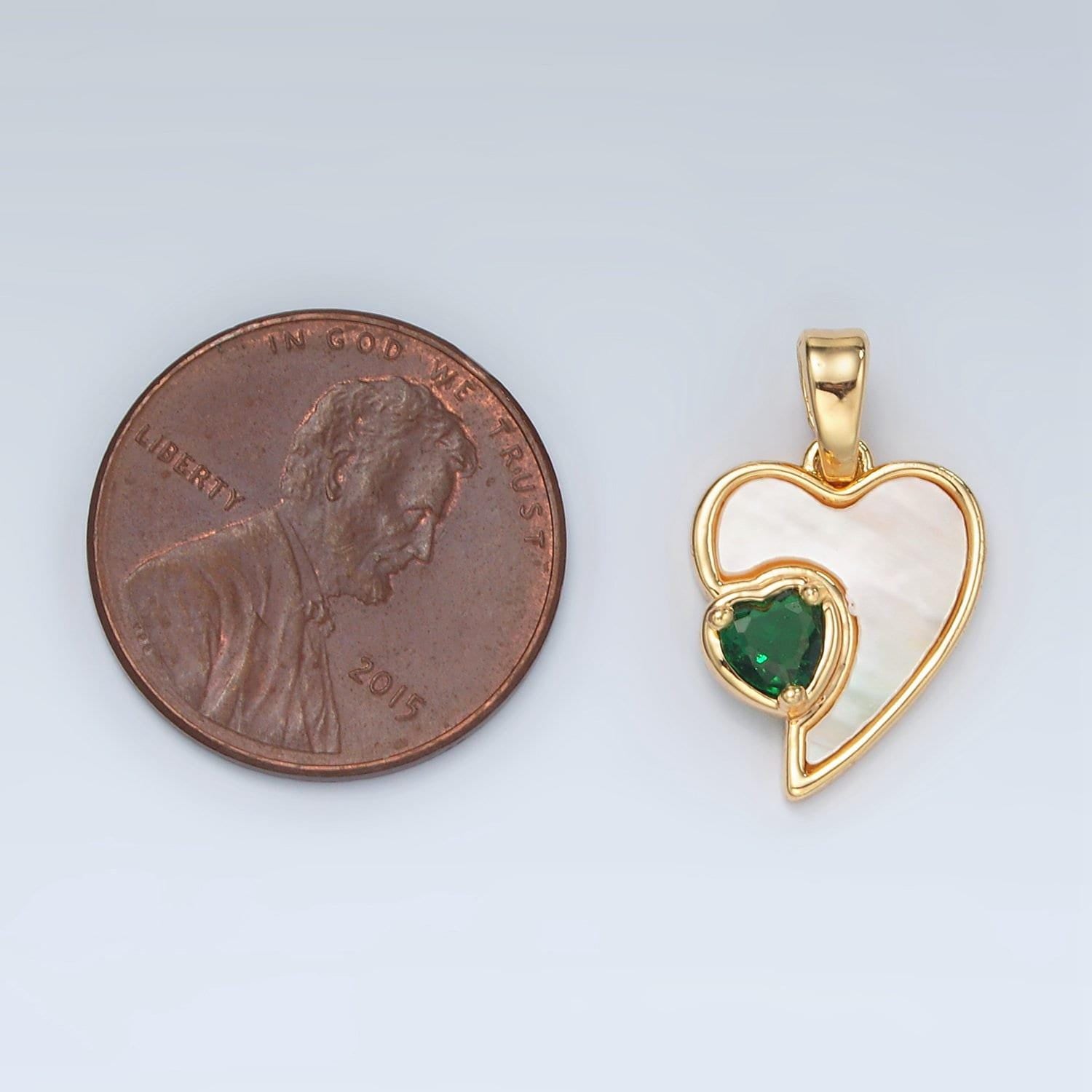 24k gold filled shell pearl charm heart charms pendant with green cz stone for bracelet necklace earring charm h739