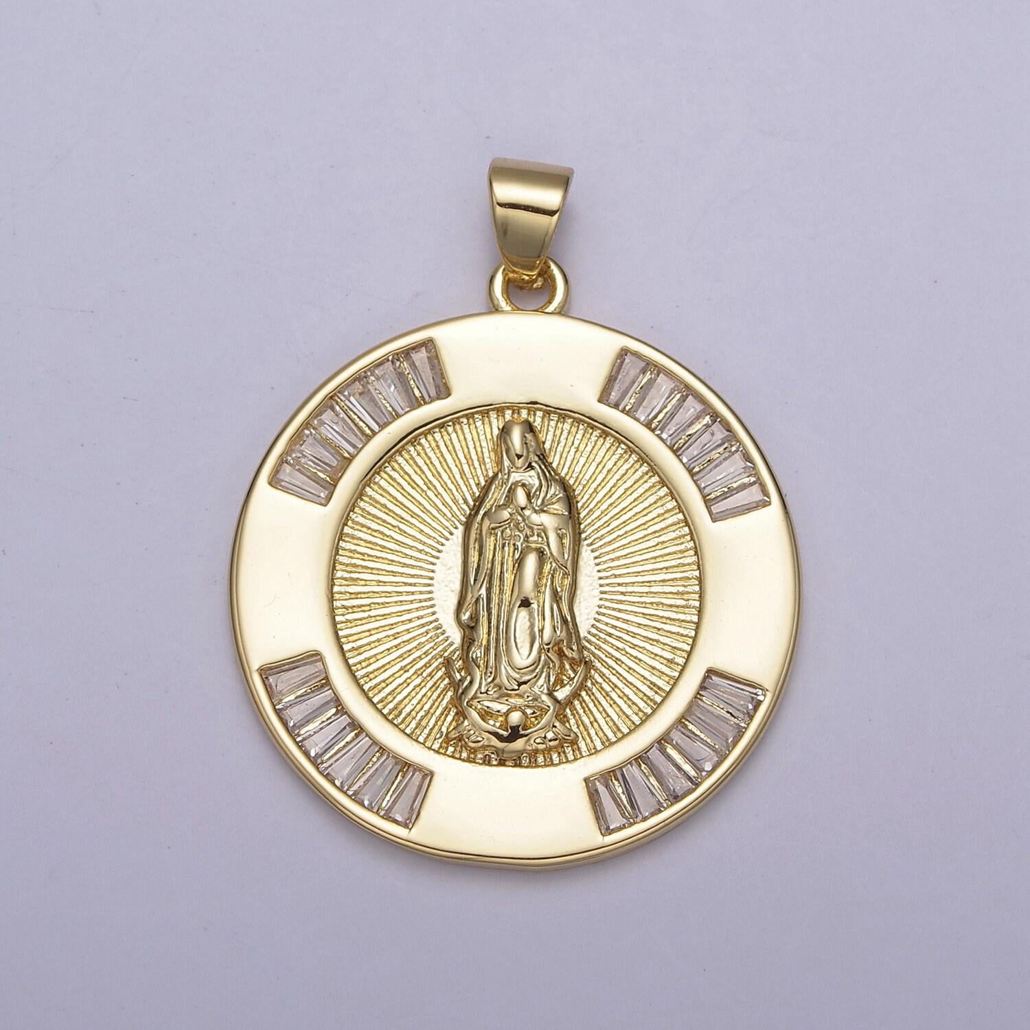 Gold religious pendant : miraculous virgin mother mary/saint jude san judas tadeo cadena, round mirco pave cz for diy jewelry making h-733