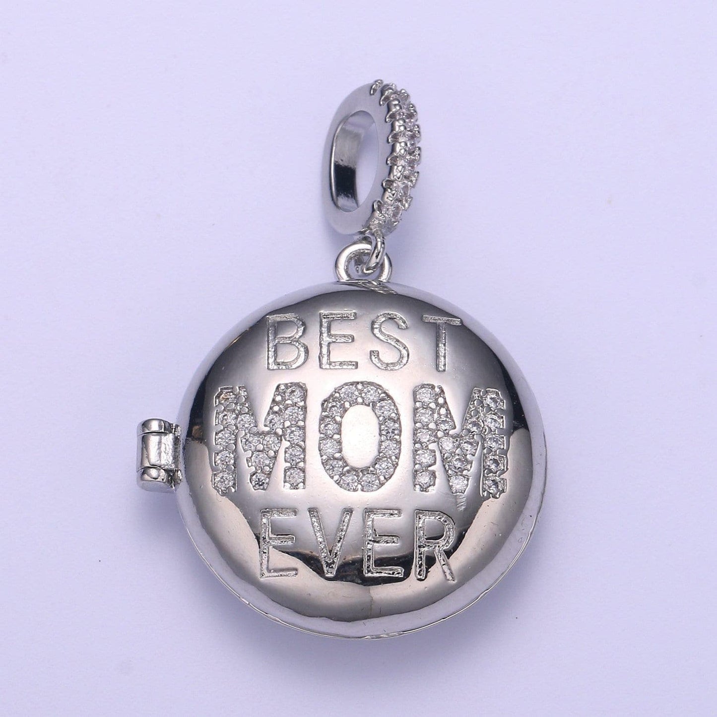 Gold best mom ever micro pave locket pendant, gold silver open locket cubic zirconia pave mom charm necklace
