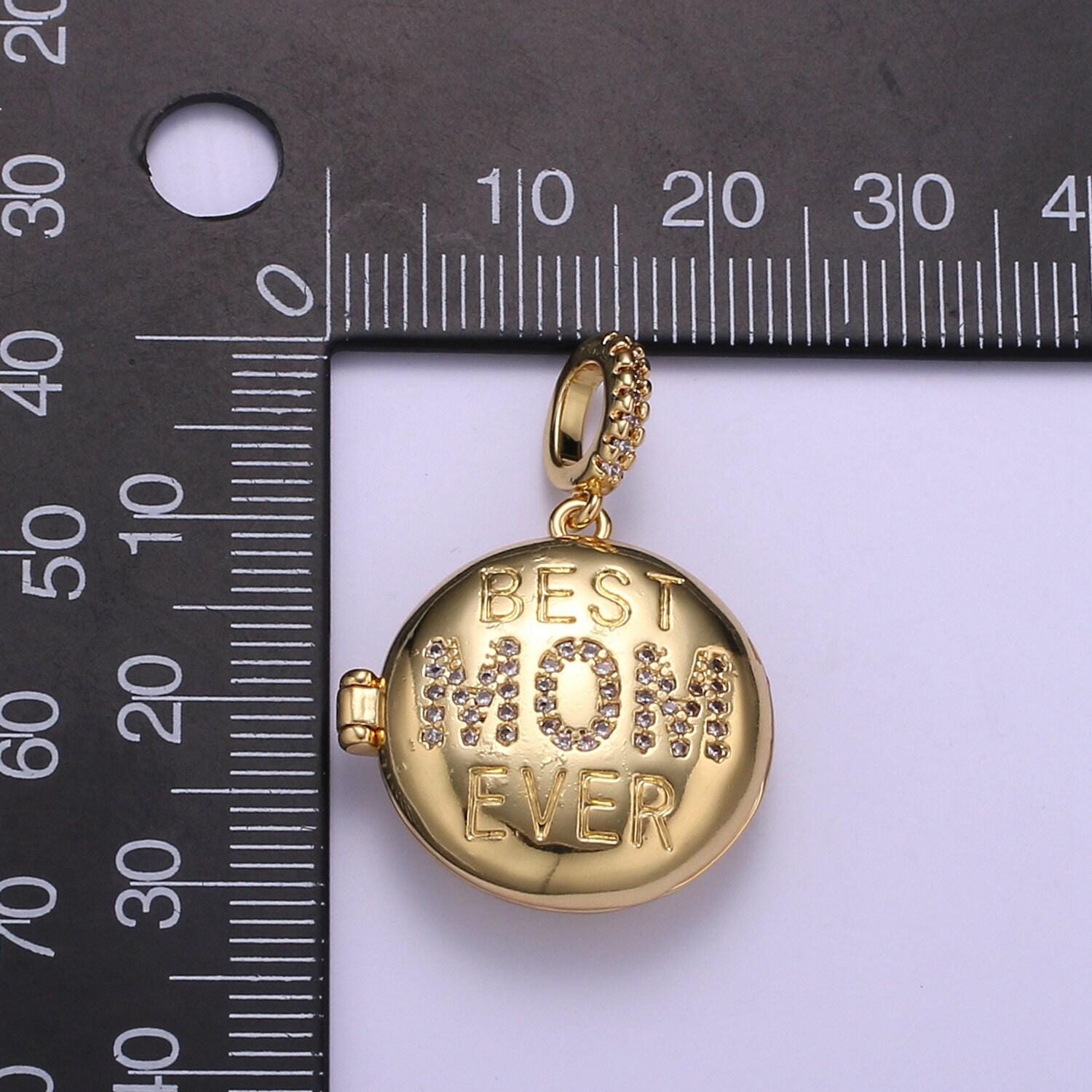 Gold best mom ever micro pave locket pendant, gold silver open locket cubic zirconia pave mom charm necklace