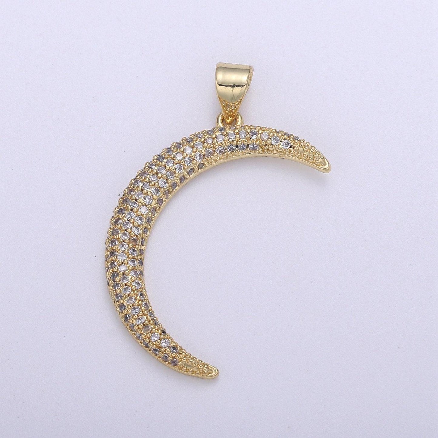 Big micro pave crescent moon charm, cz clear 14k gold-white gold pendant, cubic necklace charm celestial jewelry making pd-2129