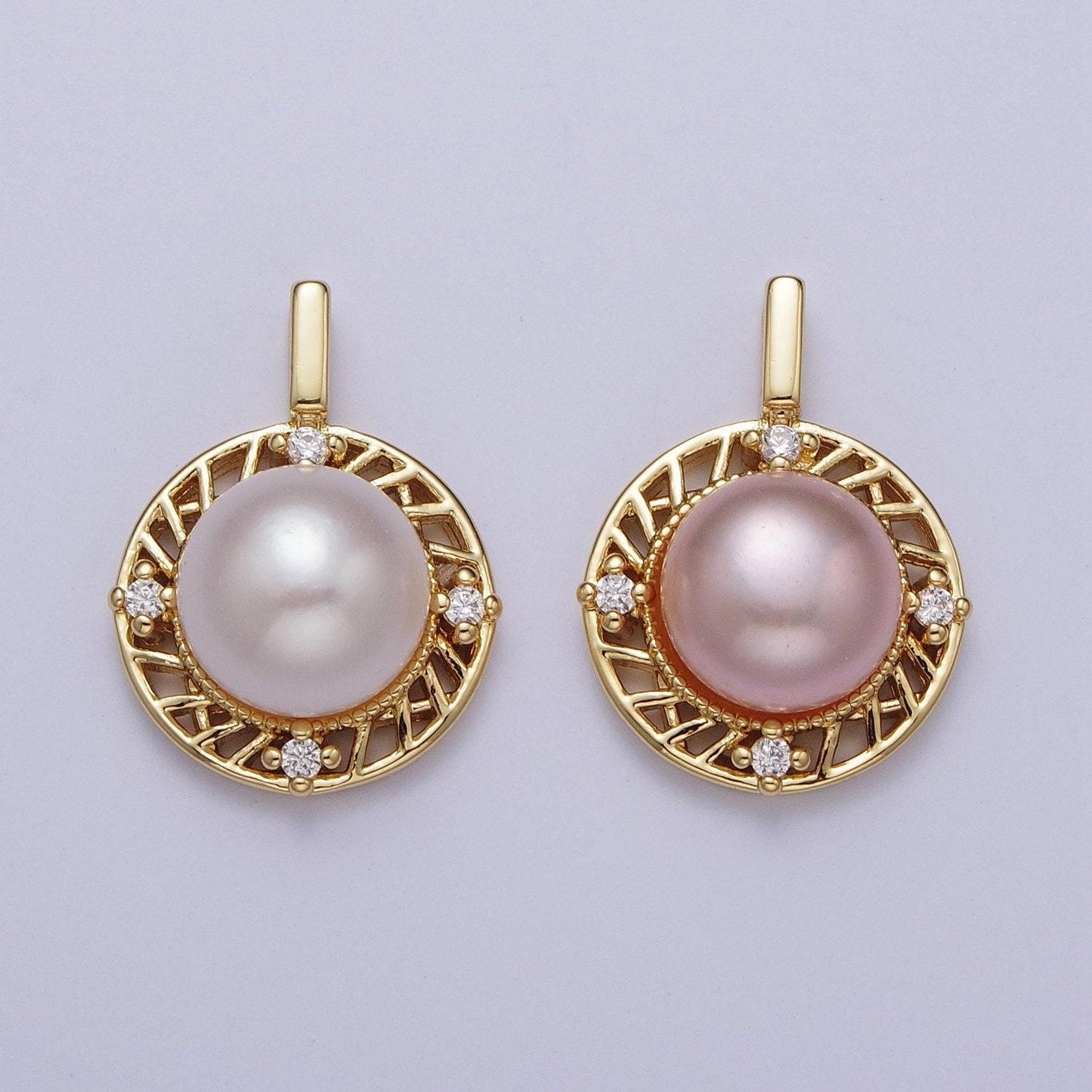 Elegant purple white round shell pearl circular pendant, 24k gold plated micro paved clear cz cuts edge mother of pearl charm | h-077, h-715
