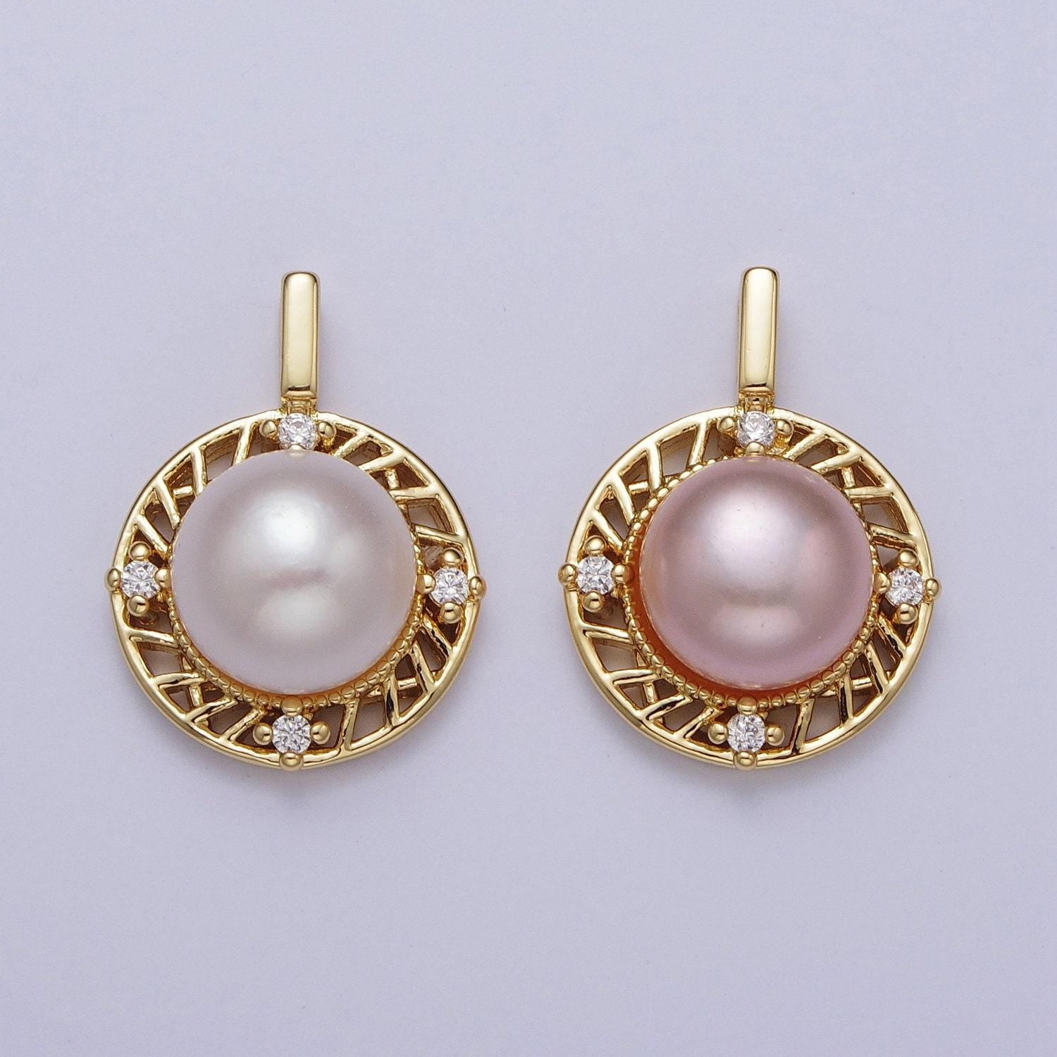 Elegant purple white round shell pearl circular pendant, 24k gold plated micro paved clear cz cuts edge mother of pearl charm | h-077, h-715