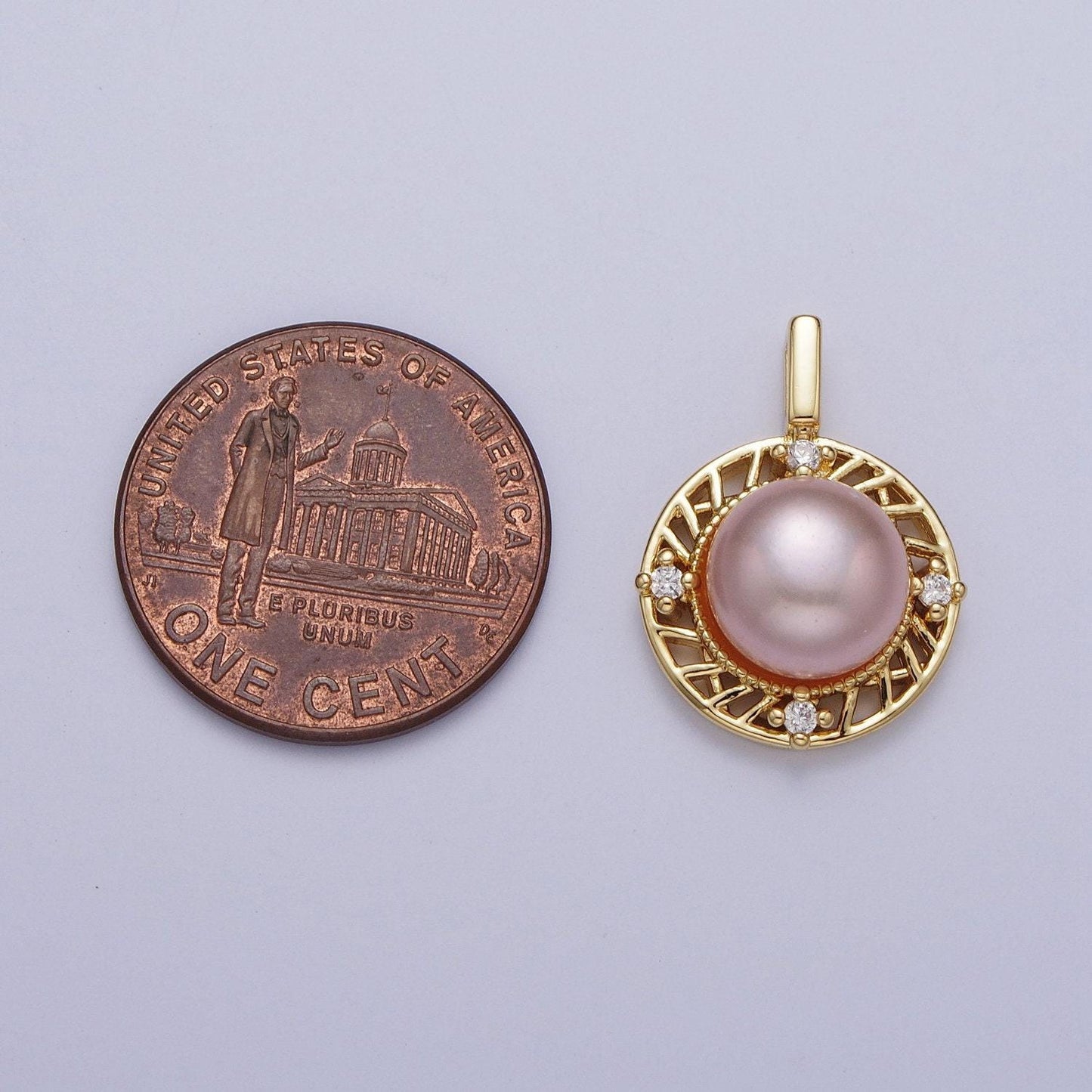 Elegant purple white round shell pearl circular pendant, 24k gold plated micro paved clear cz cuts edge mother of pearl charm | h-077, h-715
