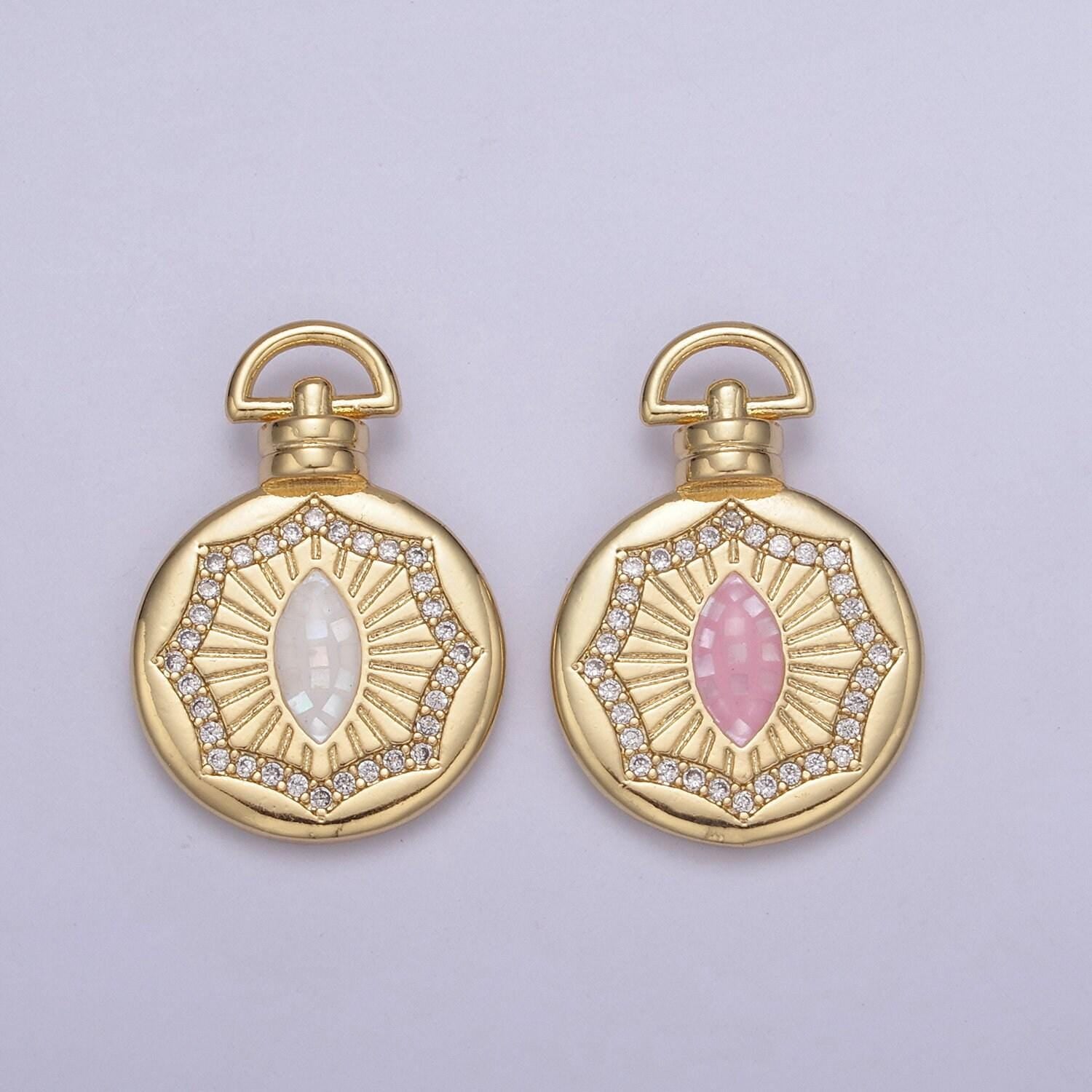 24k gold round pink/white sharp oval/marquise medallion with micro pave cubic zirconia, unisex charm pendant for diy jewelry making findings