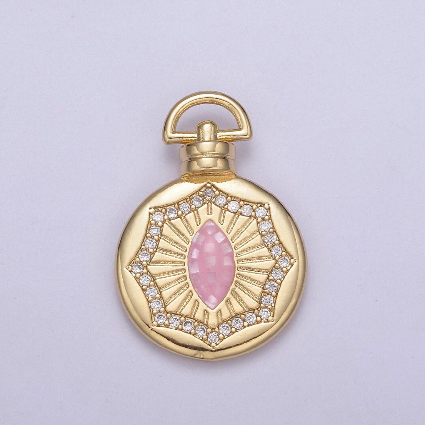 24k gold round pink/white sharp oval/marquise medallion with micro pave cubic zirconia, unisex charm pendant for diy jewelry making findings