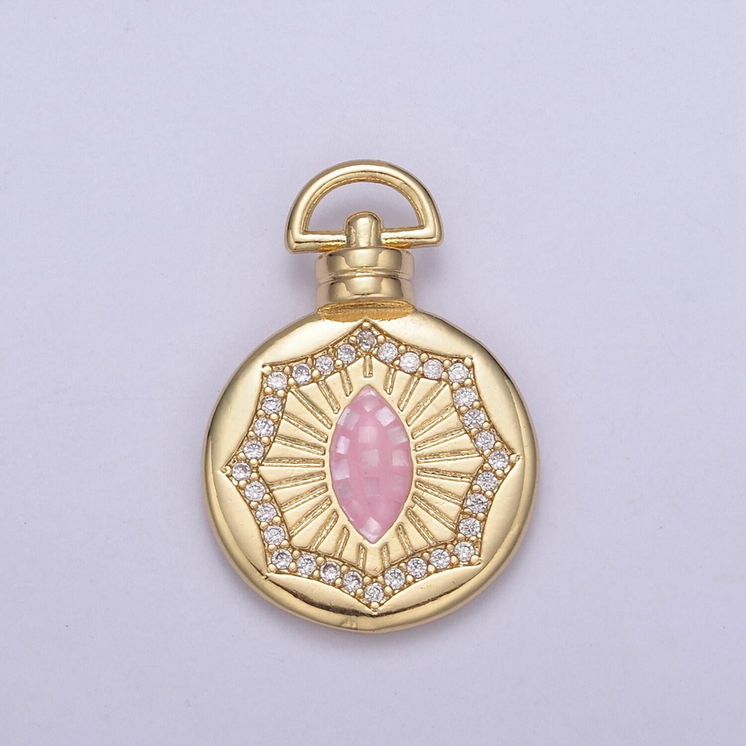 24k gold round pink/white sharp oval/marquise medallion with micro pave cubic zirconia, unisex charm pendant for diy jewelry making findings