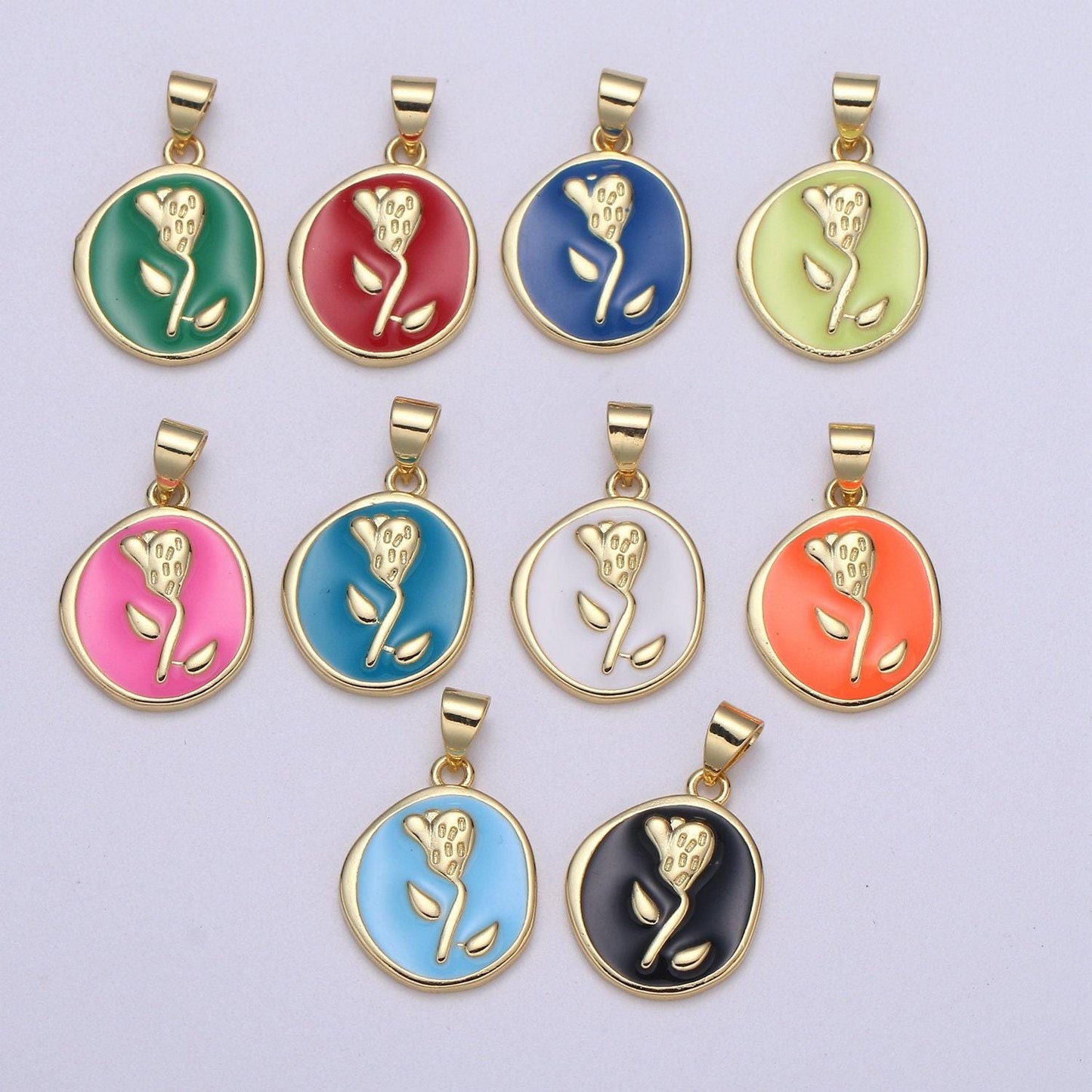 1pc enamel tulip in 24k gold round charm, enamel flower charm, gold charms, dainty skyblue, black, blue, green orange pendant, pd-2191