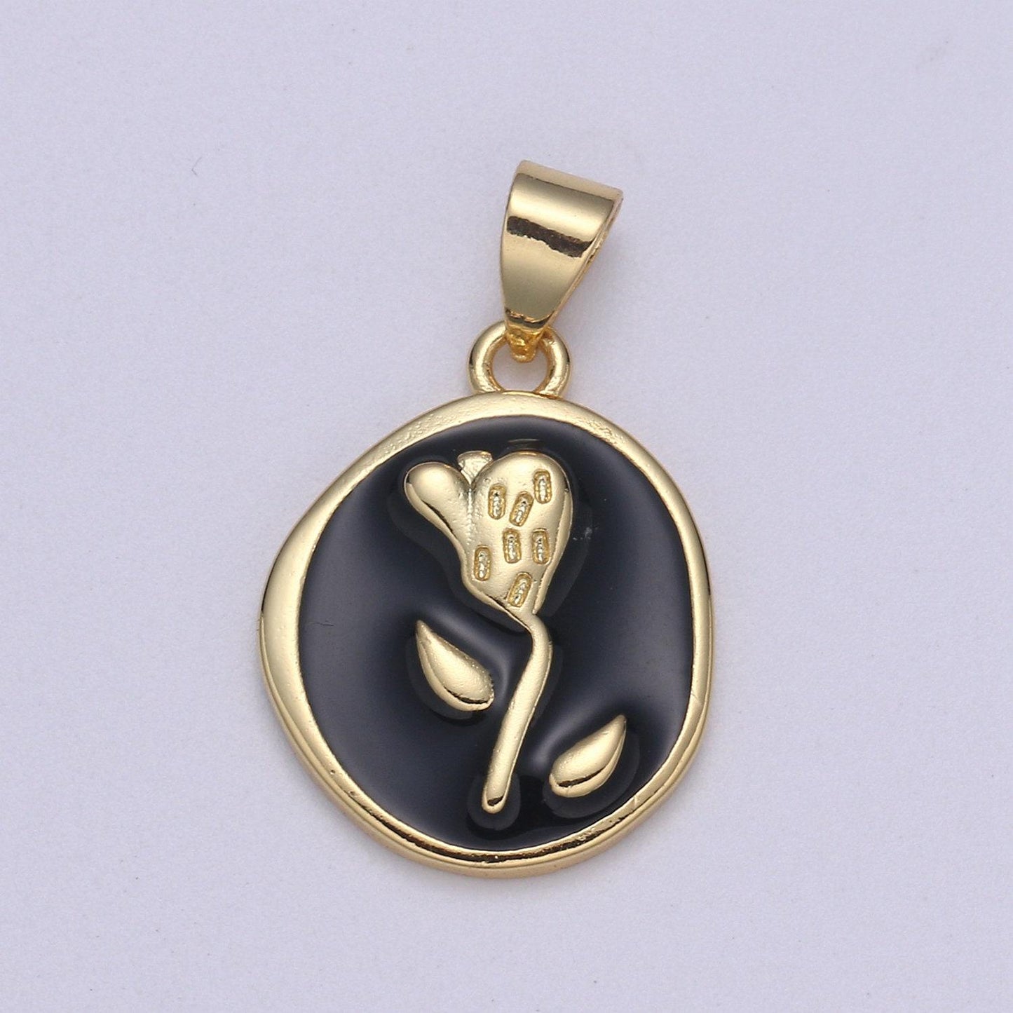1pc enamel tulip in 24k gold round charm, enamel flower charm, gold charms, dainty skyblue, black, blue, green orange pendant, pd-2191