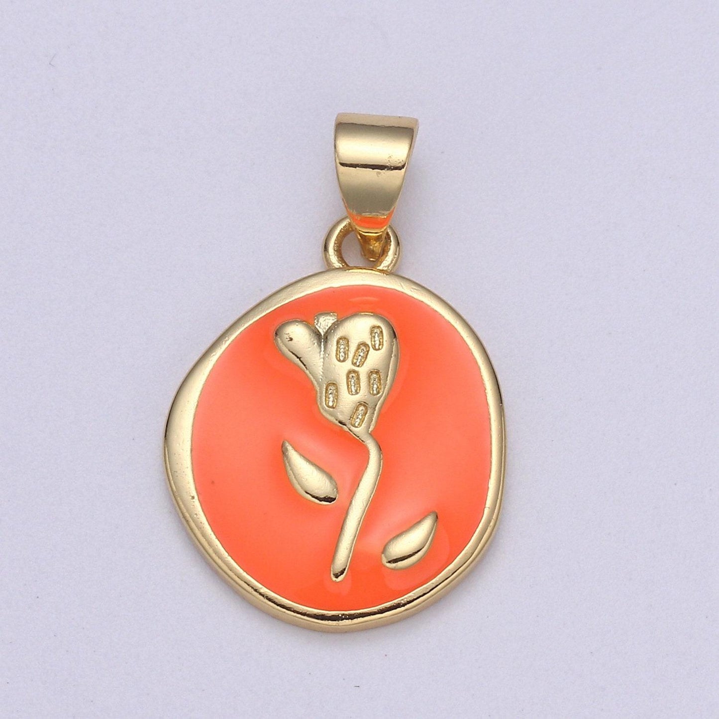 1pc enamel tulip in 24k gold round charm, enamel flower charm, gold charms, dainty skyblue, black, blue, green orange pendant, pd-2191