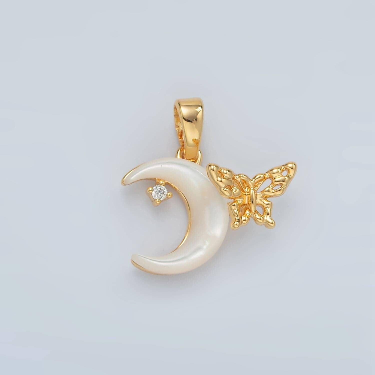 Gold pearl charm 24k gold filled butterfly pendant dainty moon charm for bracelet necklace diy jewelry making supply h691