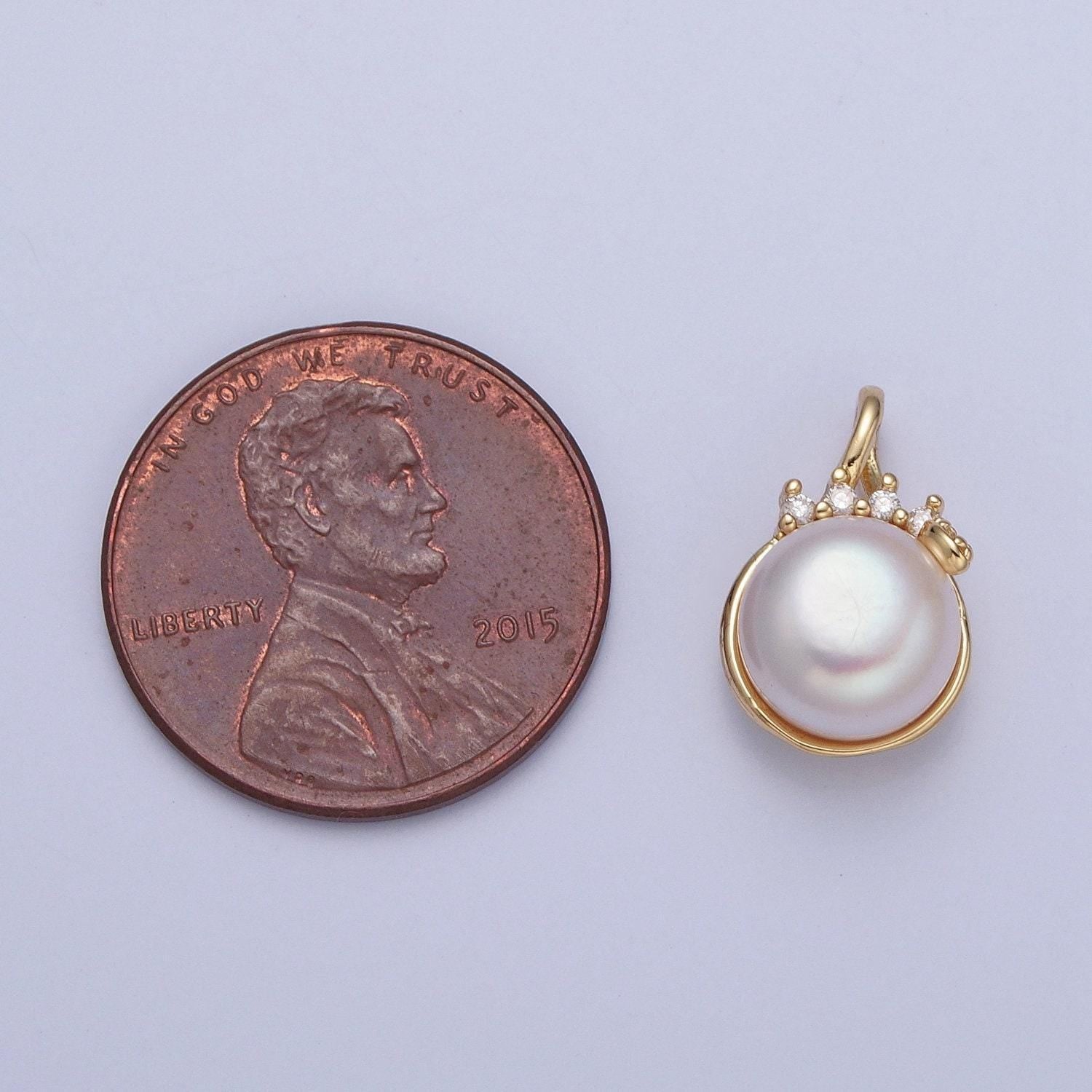 24k gold filled solitaire white pearl crowned top micro pave cz stone pendant, gold charm white pearl diy jewelry necklace making | h-686