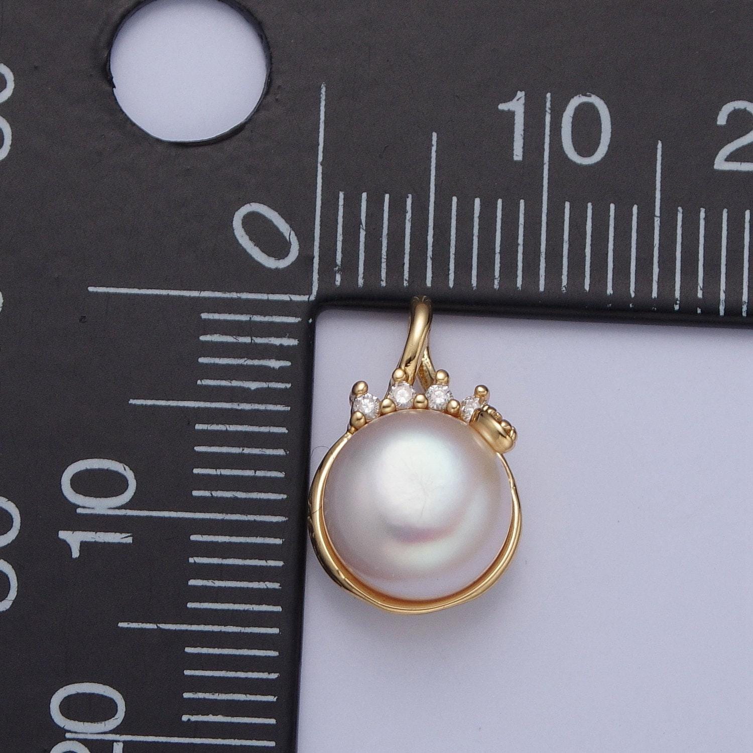 24k gold filled solitaire white pearl crowned top micro pave cz stone pendant, gold charm white pearl diy jewelry necklace making | h-686